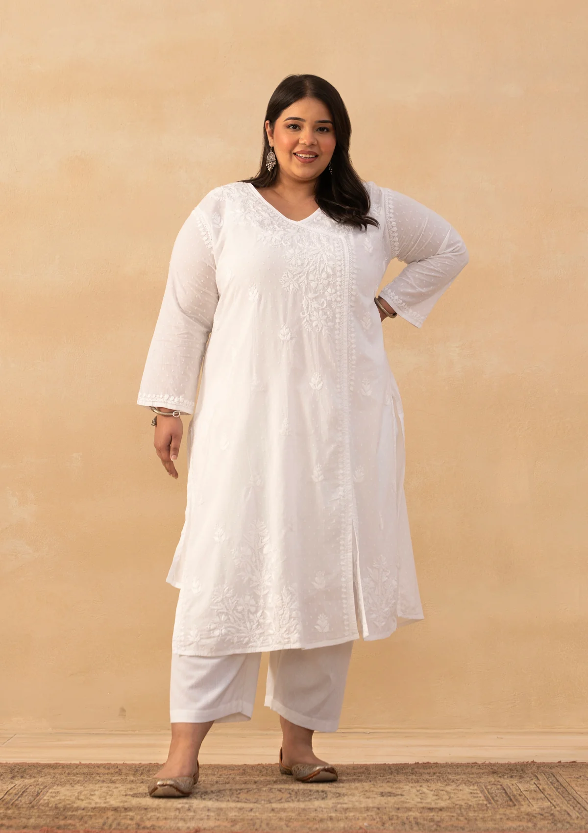 HOC Cotton Dobby Chikankari Solid Women's Long Angrakha Kurta - White
