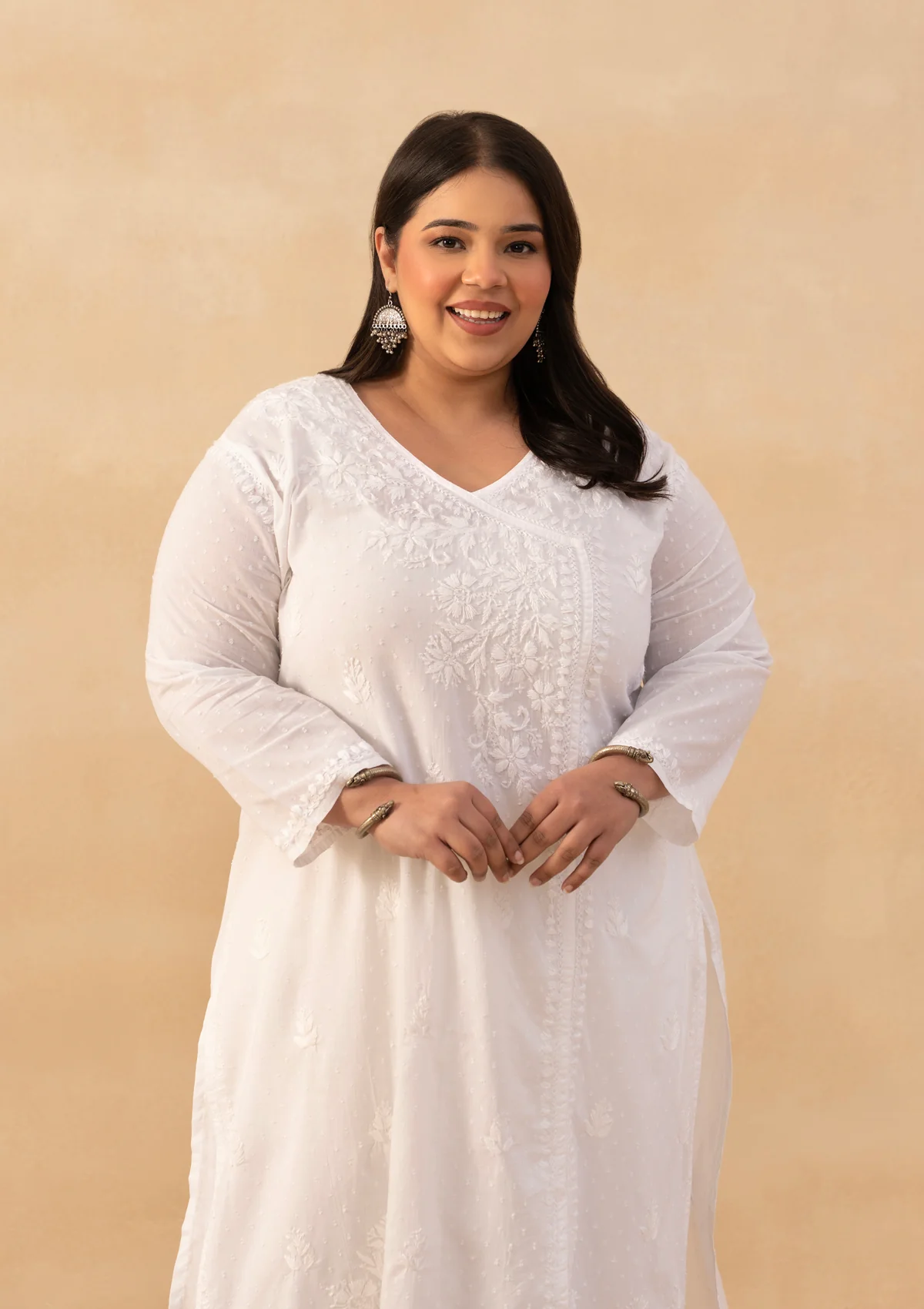 HOC Cotton Dobby Chikankari Solid Women's Long Angrakha Kurta - White - Image 2