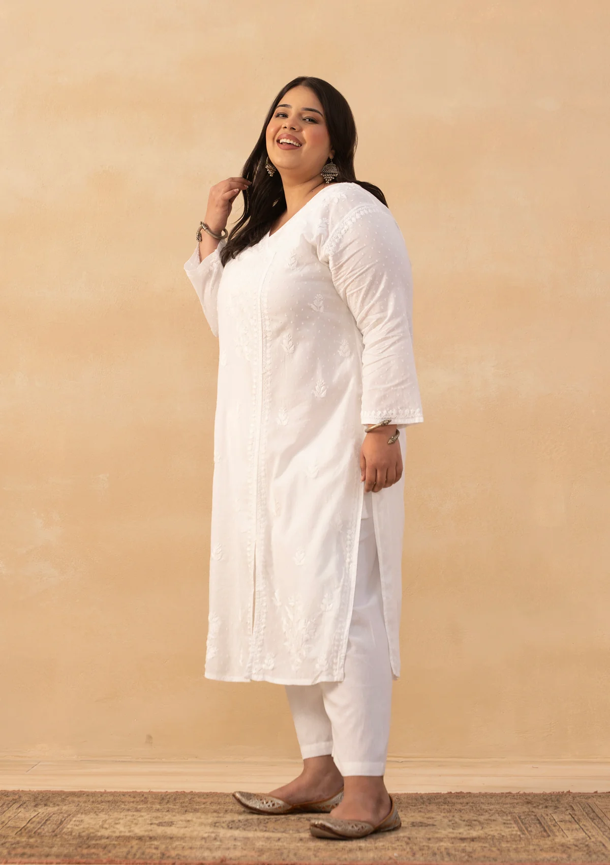 HOC Cotton Dobby Chikankari Solid Women's Long Angrakha Kurta - White - Image 3
