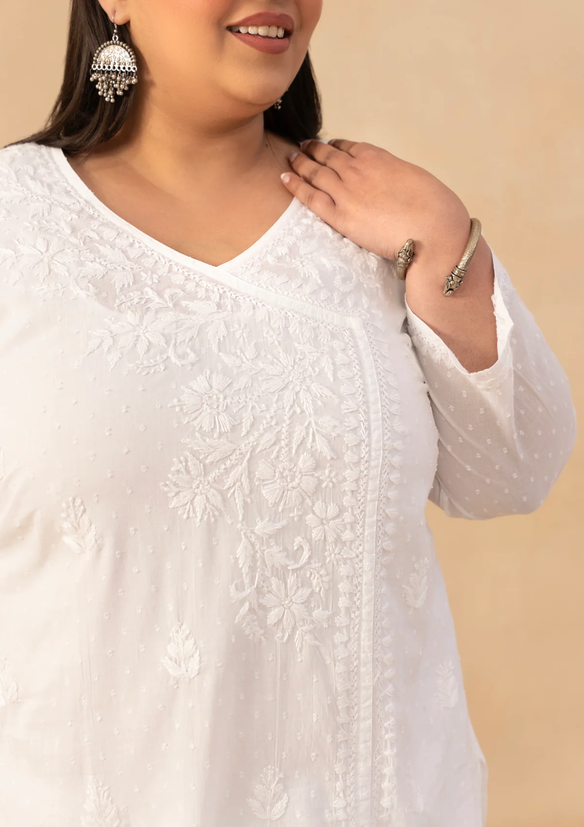 HOC Cotton Dobby Chikankari Solid Women's Long Angrakha Kurta - White - Image 4