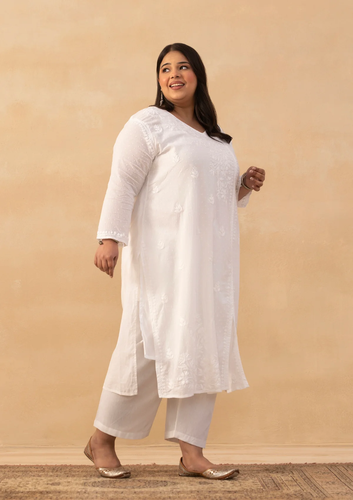 HOC Cotton Dobby Chikankari Solid Women's Long Angrakha Kurta - White - Image 6