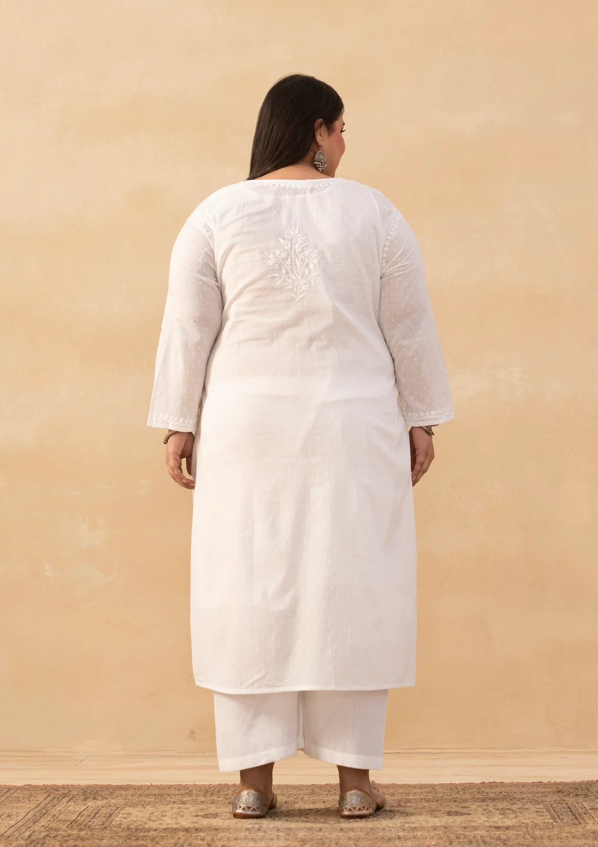 HOC Cotton Dobby Chikankari Solid Women's Long Angrakha Kurta - White - Image 7