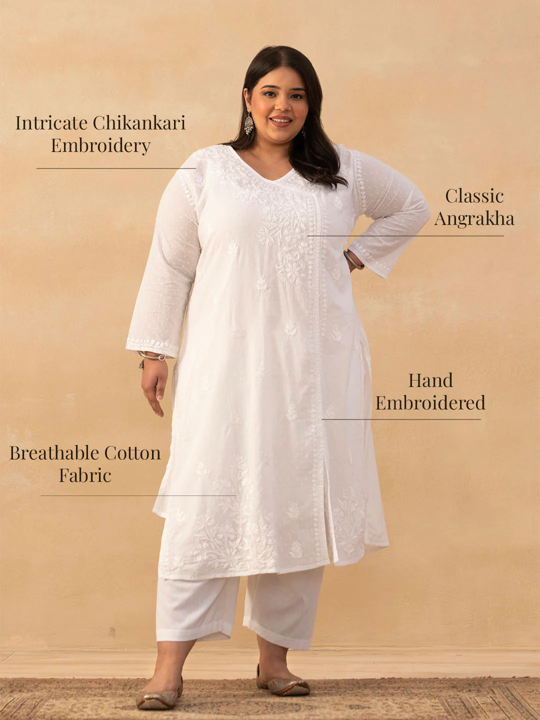 HOC Cotton Dobby Chikankari Solid Women's Long Angrakha Kurta - White - Image 8