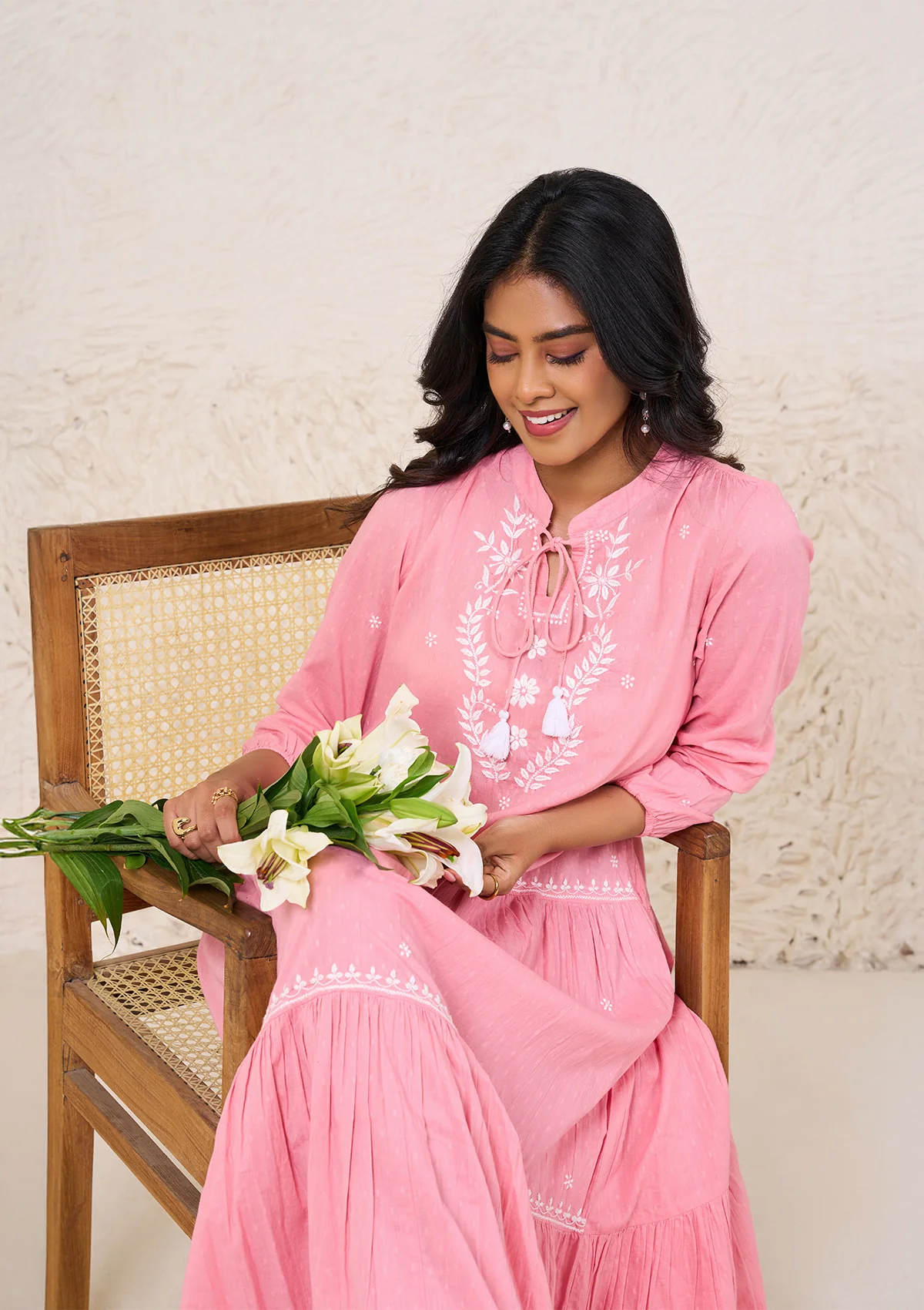 HOC Cotton Dobby Chikankri Solid Women's Long Dress - Dust Pink - Image 4