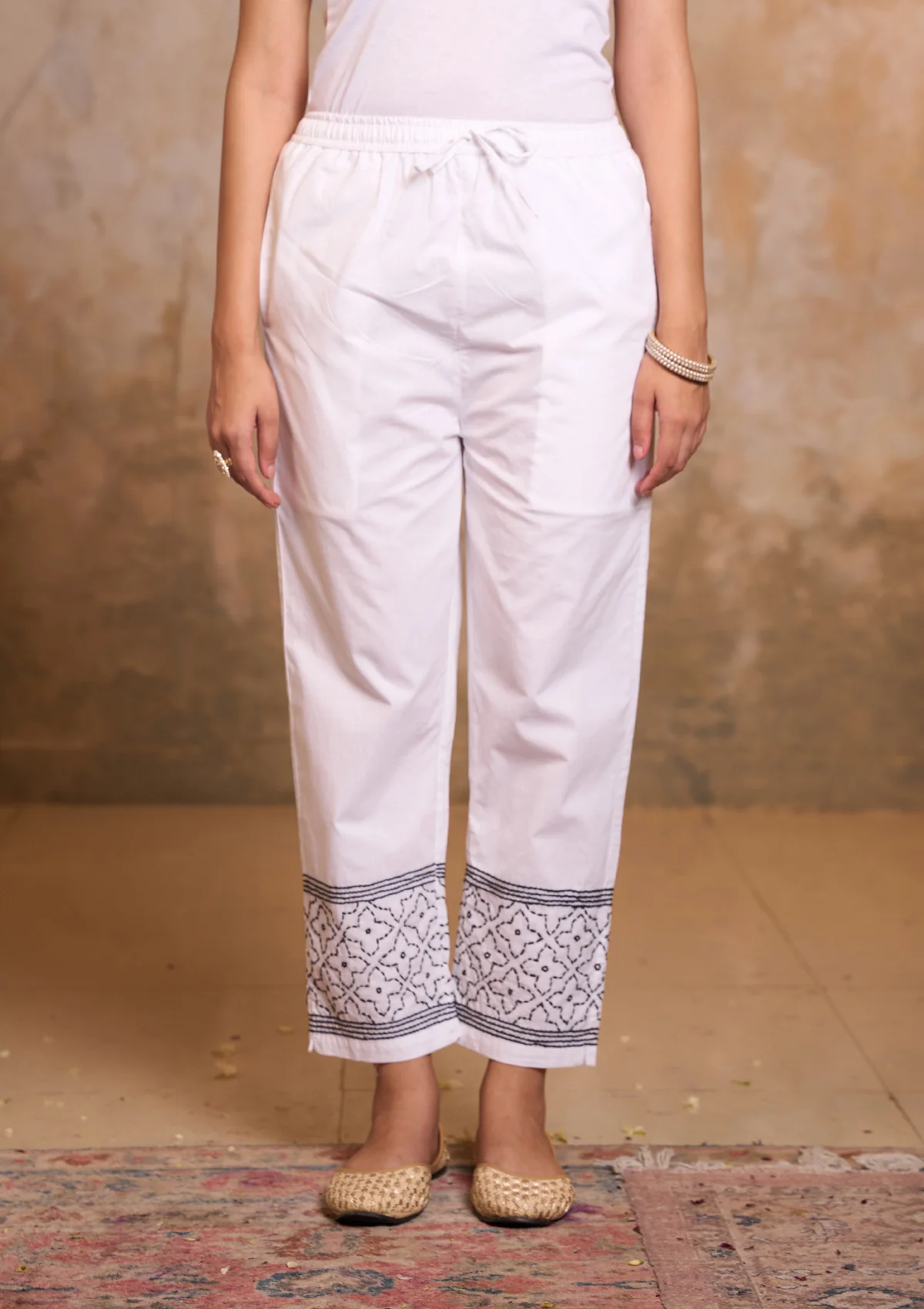 Cotton Embroidered Solid Women's Pants -White