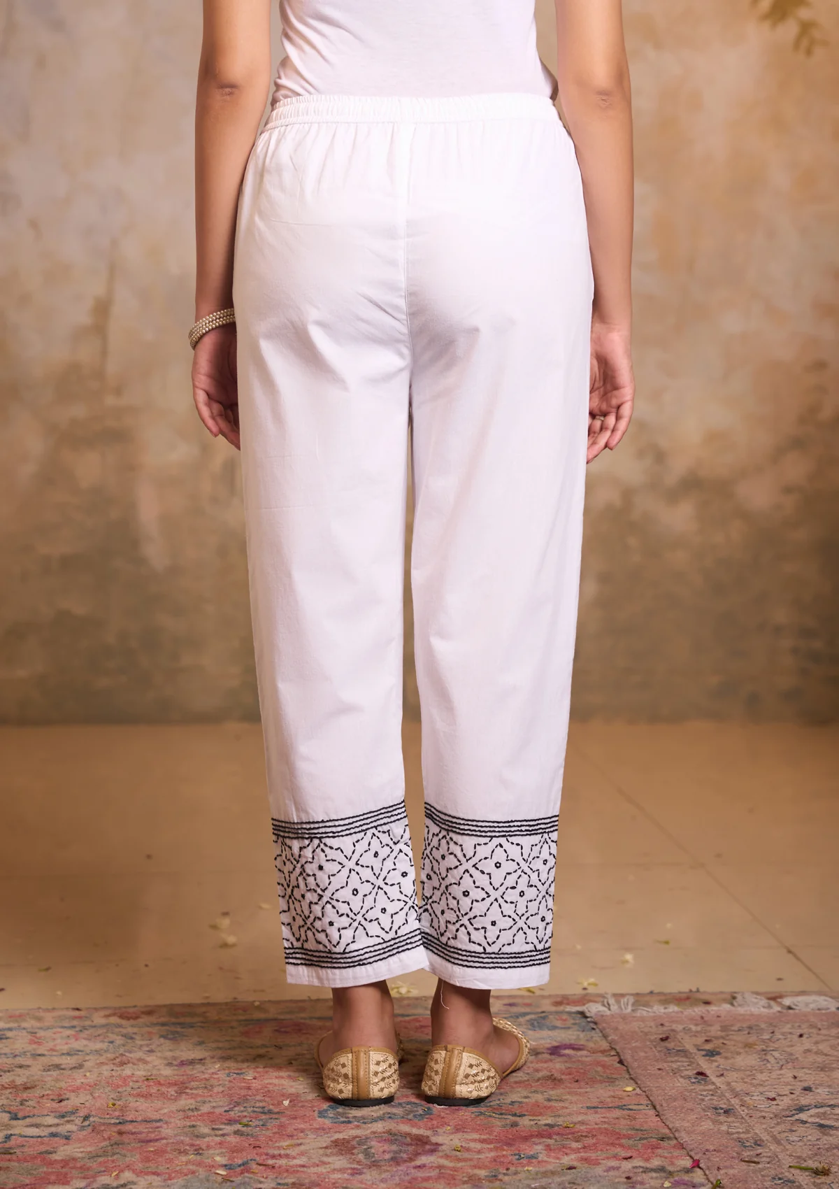 Cotton Embroidered Solid Women's Pants -White - Image 3