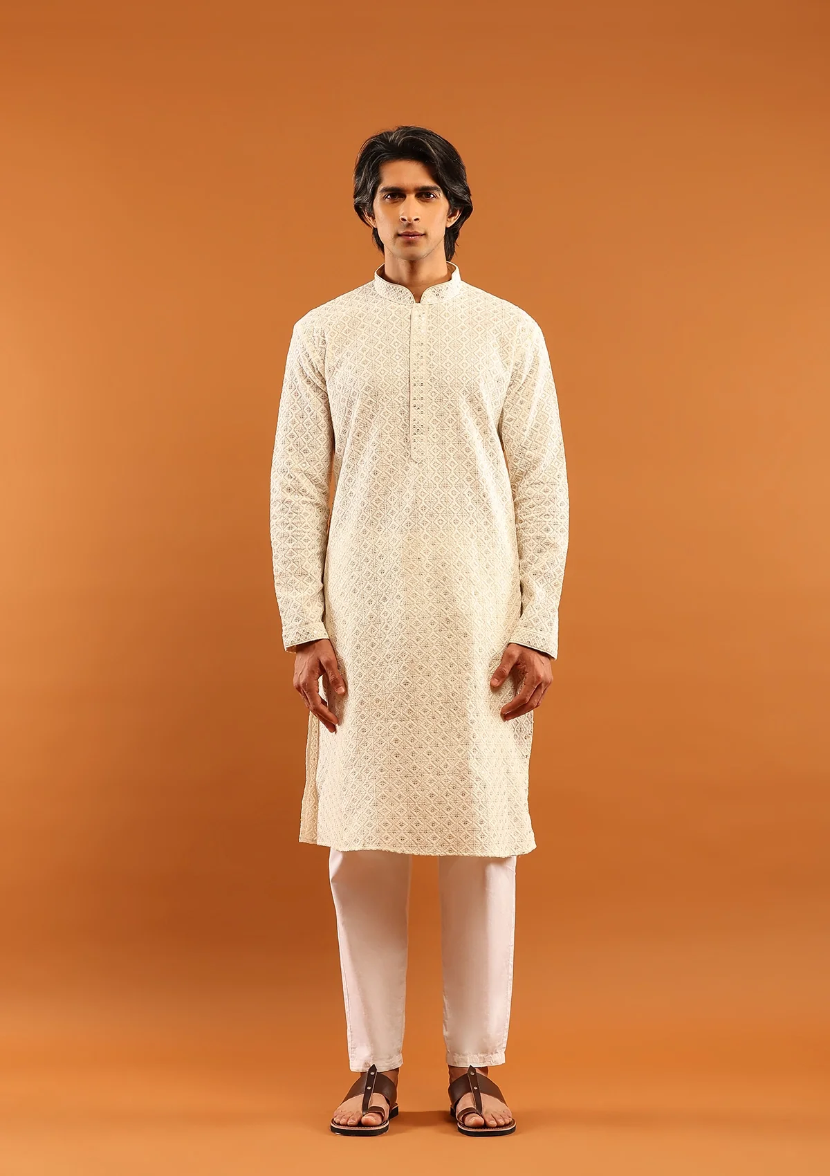 HOC Cotton Embroidered With Sequins Solid Men's Long Kurta- Cream