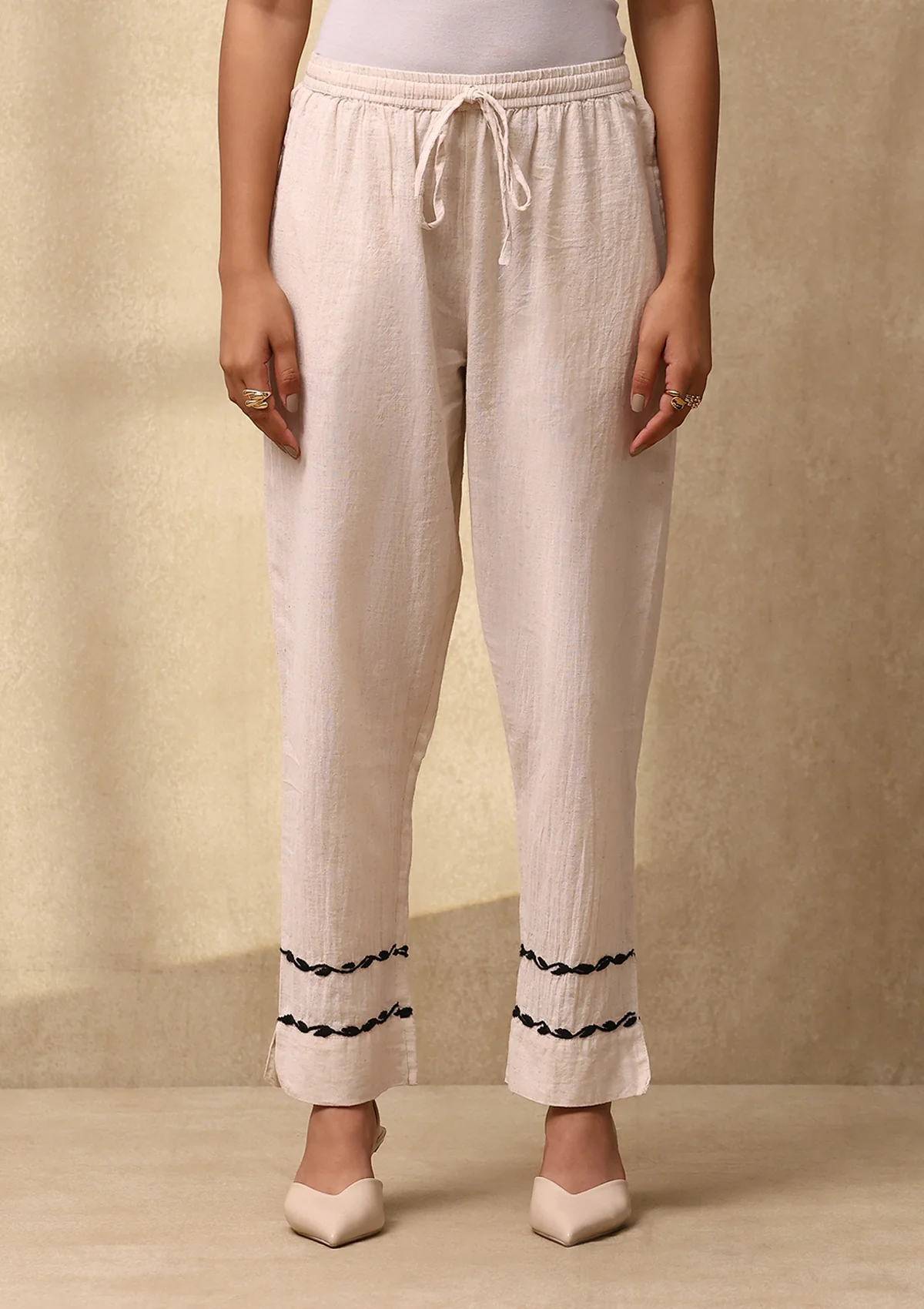 HOC Cotton Linen Blend Chikankari Solid Women's 2 PC Co-ord Set - Off White - Image 5