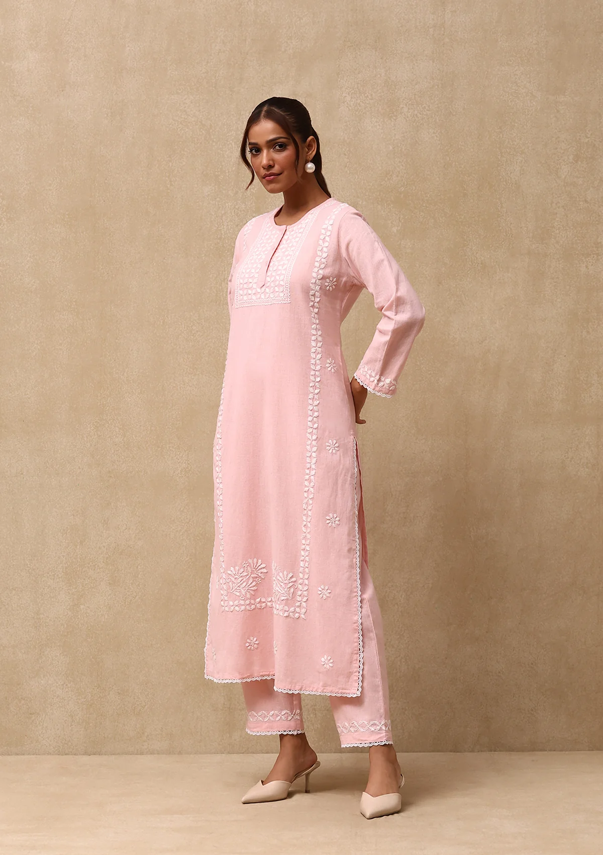 HOC Cotton Linen Blend Chikankari Solid Women's 2PC Long Kurta Set - Peach - Image 4