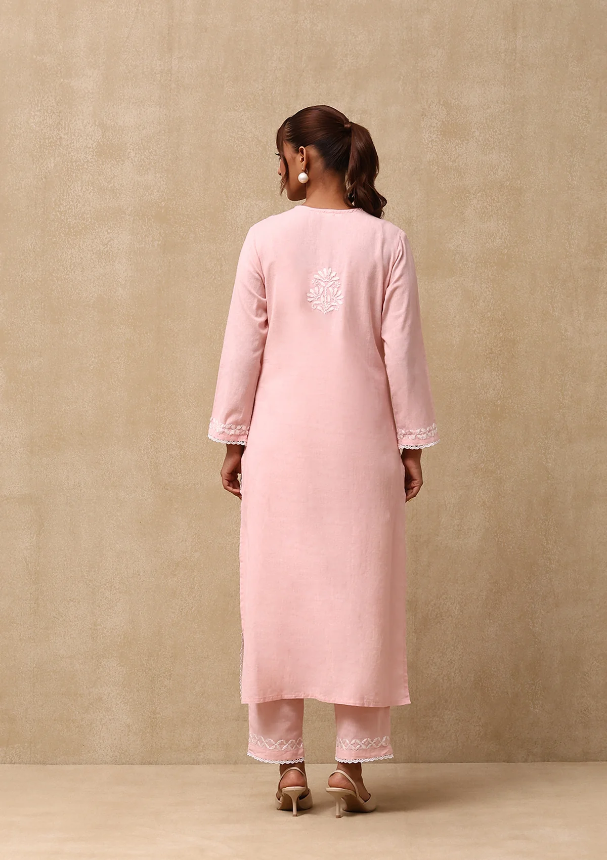 HOC Cotton Linen Blend Chikankari Solid Women's 2PC Long Kurta Set - Peach - Image 7