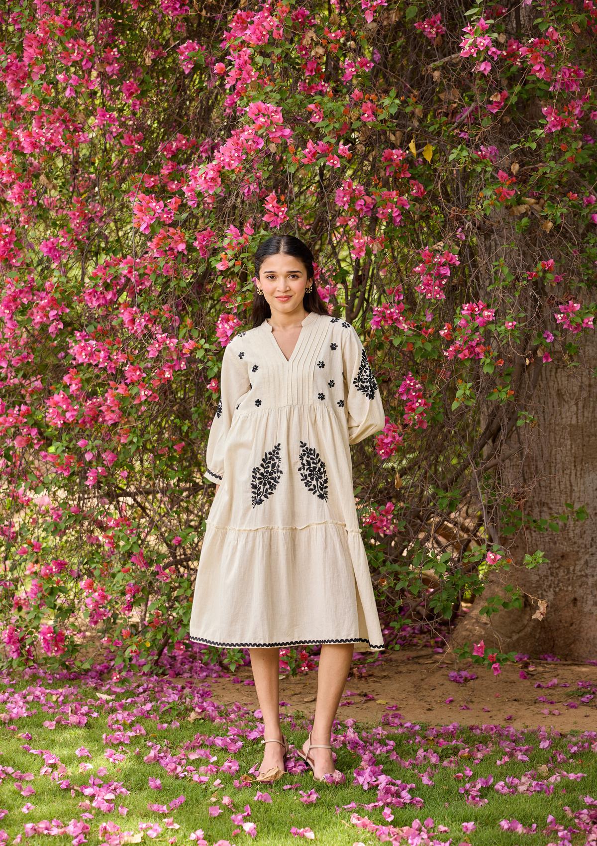 HOC Cotton Linen Blend Chikankari Solid Women's Long Dress - Off White
