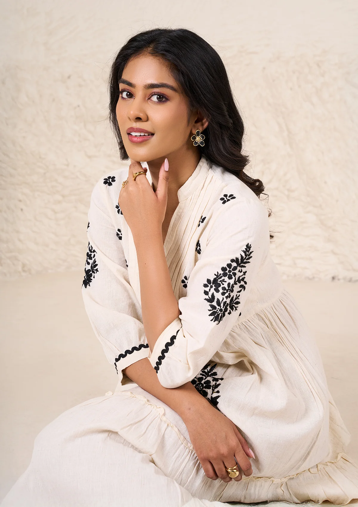 HOC Cotton Linen Blend Chikankari Solid Women's Long Dress - Off White - Image 2