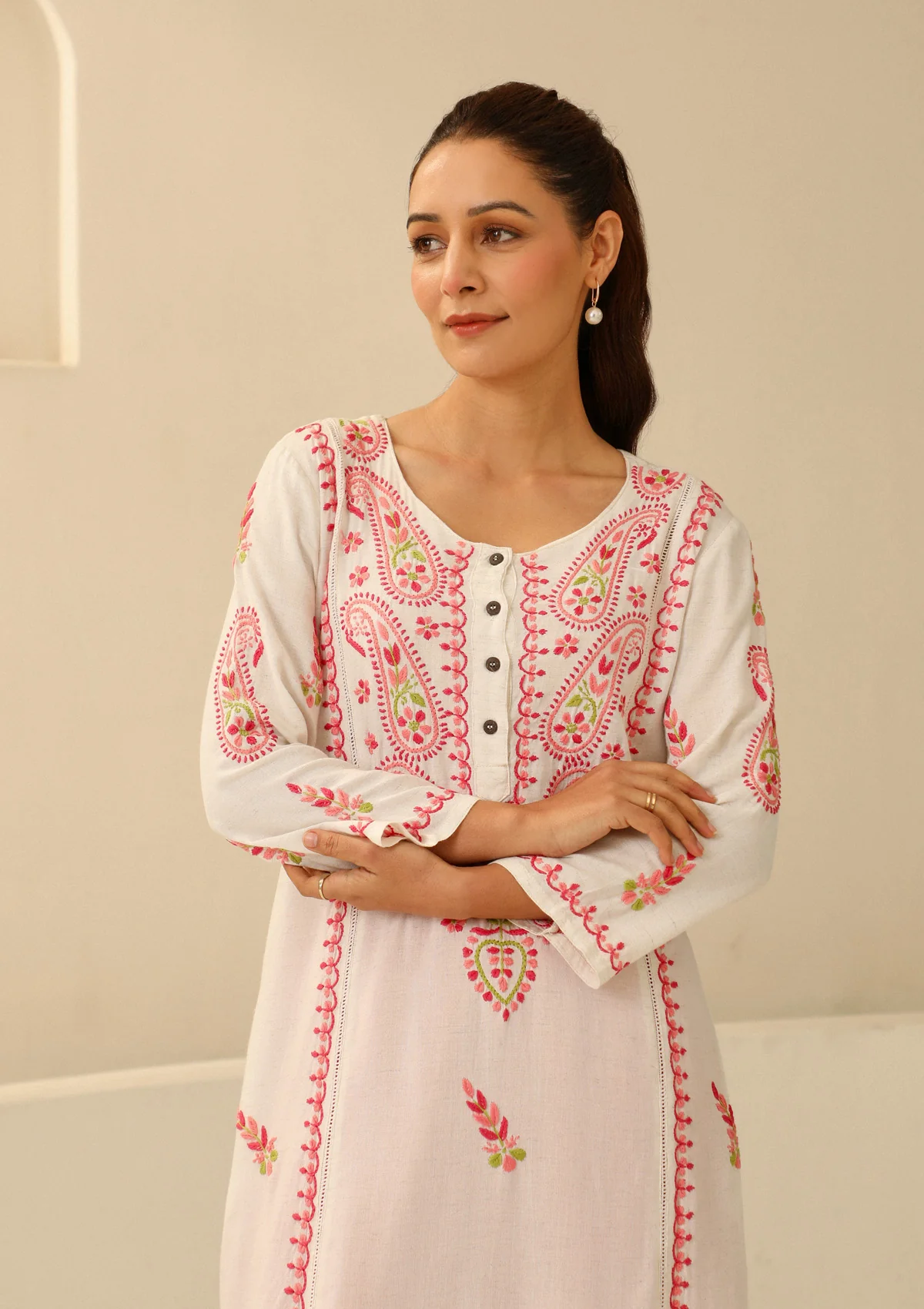 HOC Cotton Flex Chikankari Solid Women's Long Kurta With Lace - Off White - Image 4