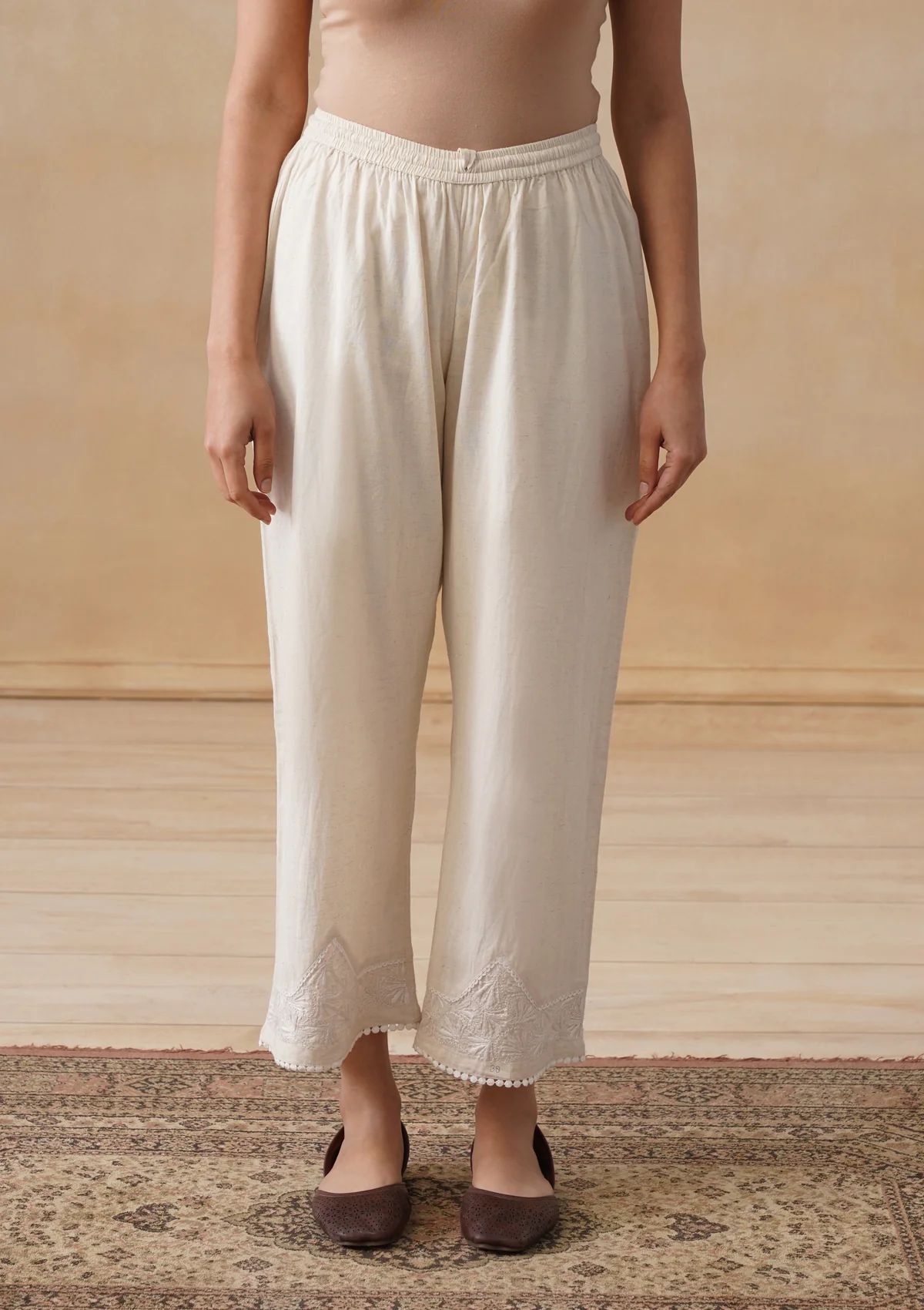 HOC Cotton Linen Blend Chikankari Solid Women's Palazzo - Off White