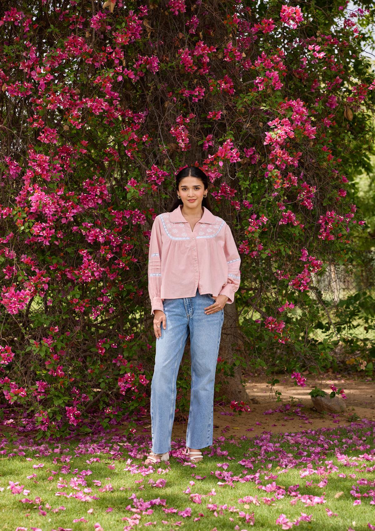 Cotton Linen Blend Chikankari Solid Women's Shirt - Coral Pink - Image 3