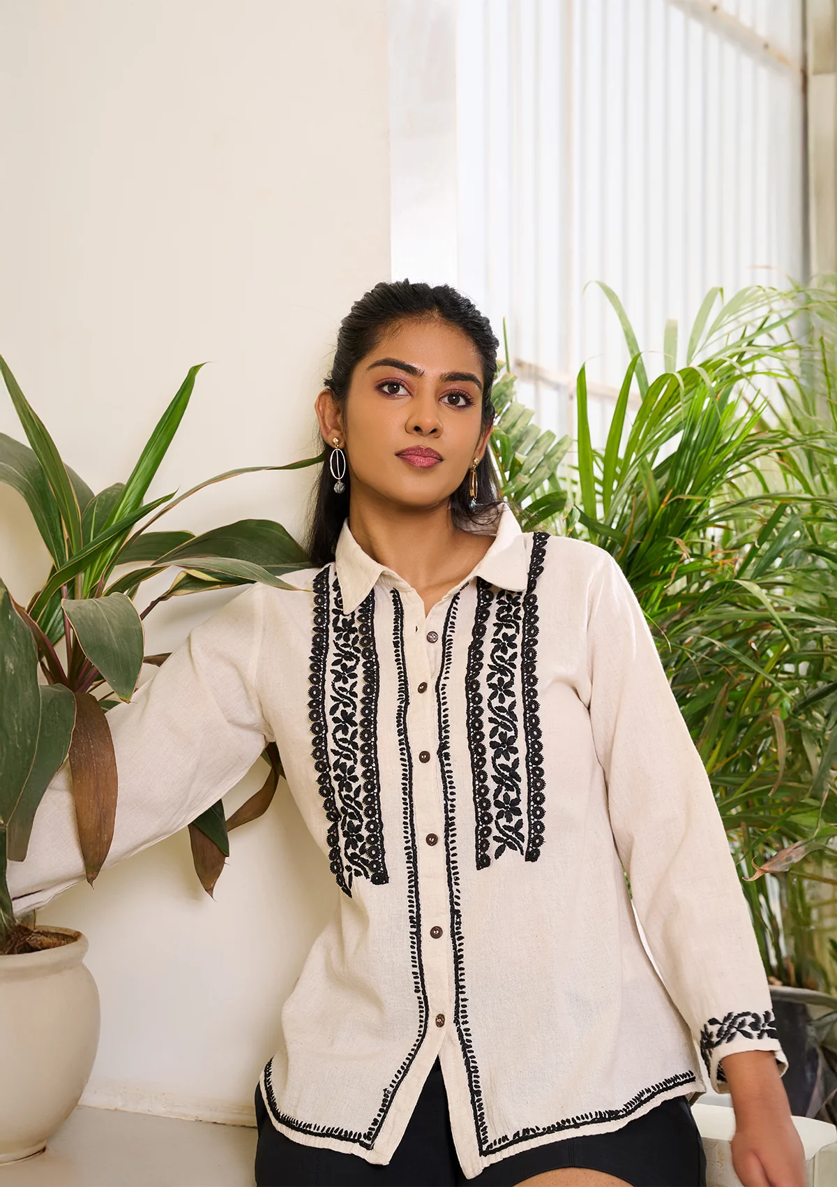 Cotton Linen Blend Chikankari Solid Women's Shirt - Off White - Image 4