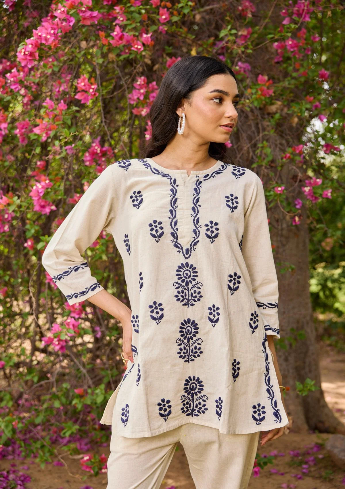 Cotton Linen Blend Chikankari Solid Women's Short Kurta - Off White