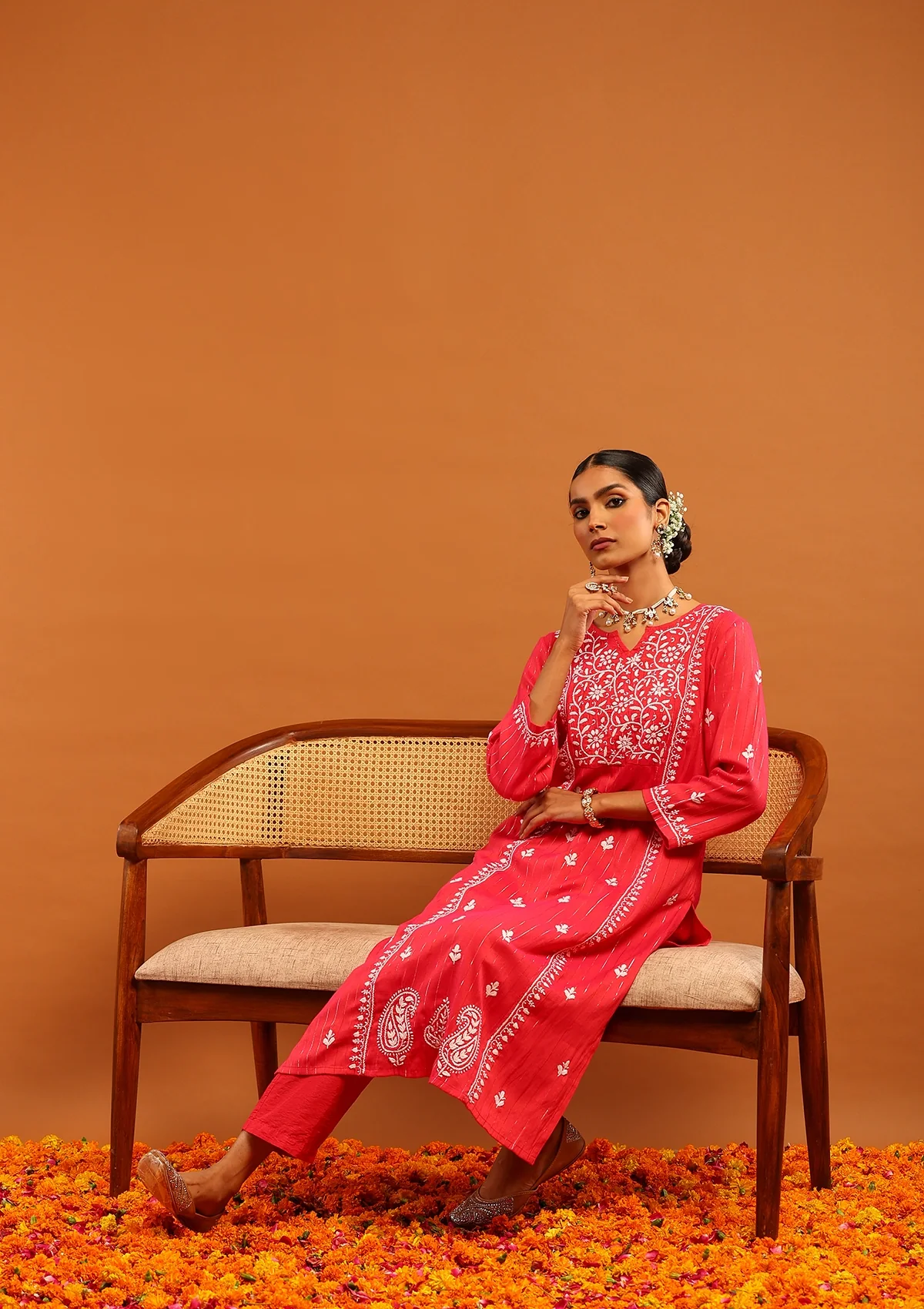 Karisma Cotton Lurex Chikankari Solid Women's Long Kurta- Red - Image 4