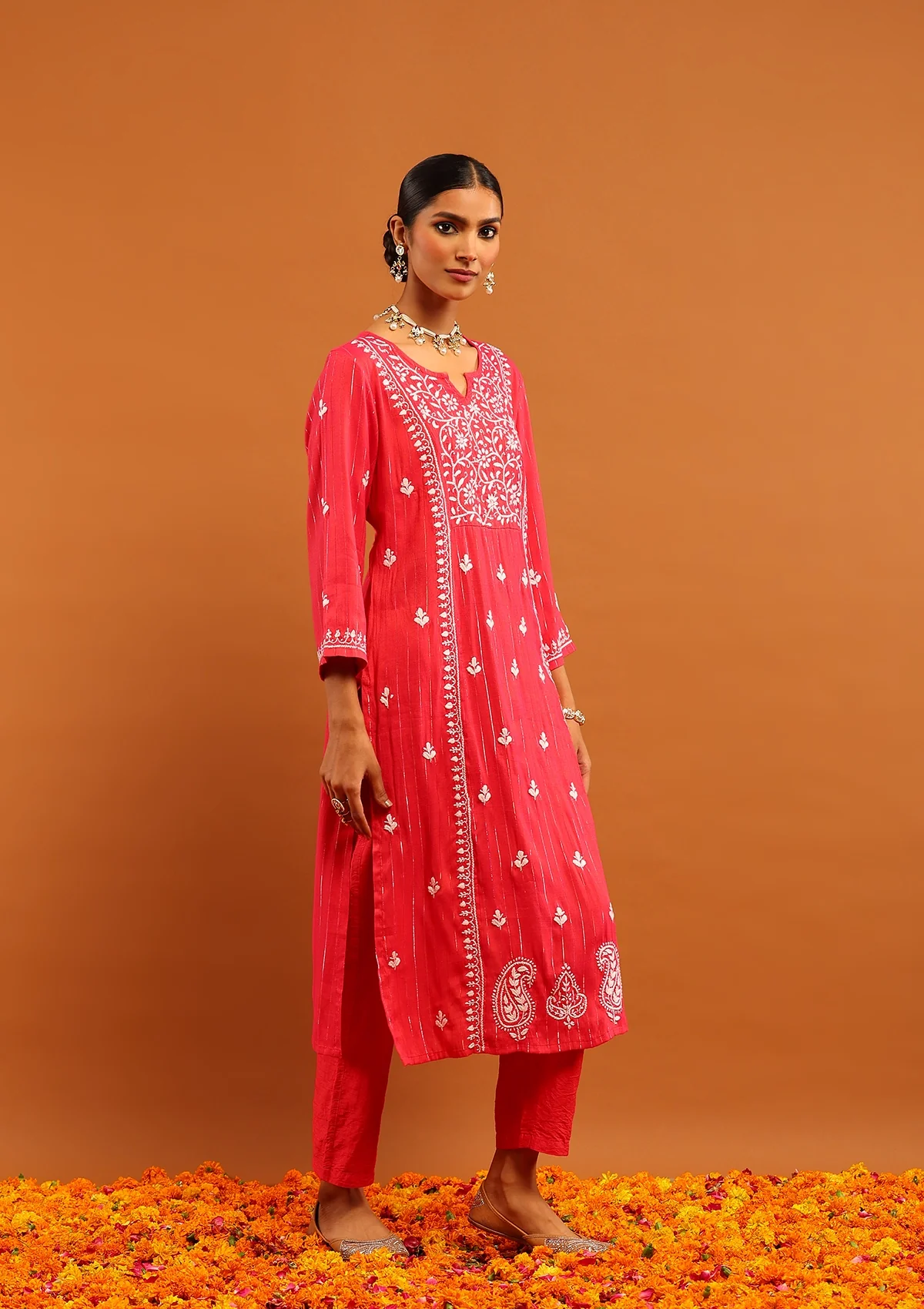Karisma Cotton Lurex Chikankari Solid Women's Long Kurta- Red - Image 5