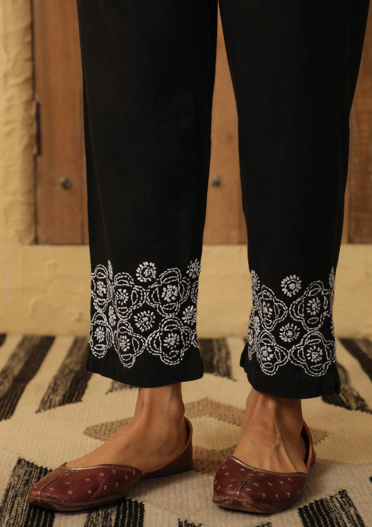 HOC Cotton Flex Embroidered Solid Women's Pants - Black - Image 2