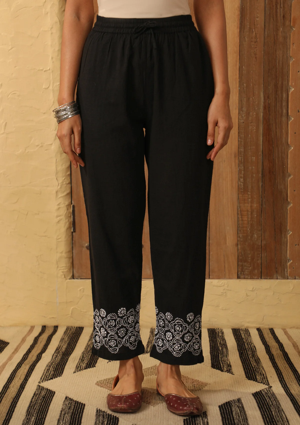 HOC Cotton Flex Embroidered Solid Women's Pants - Black - Image 3