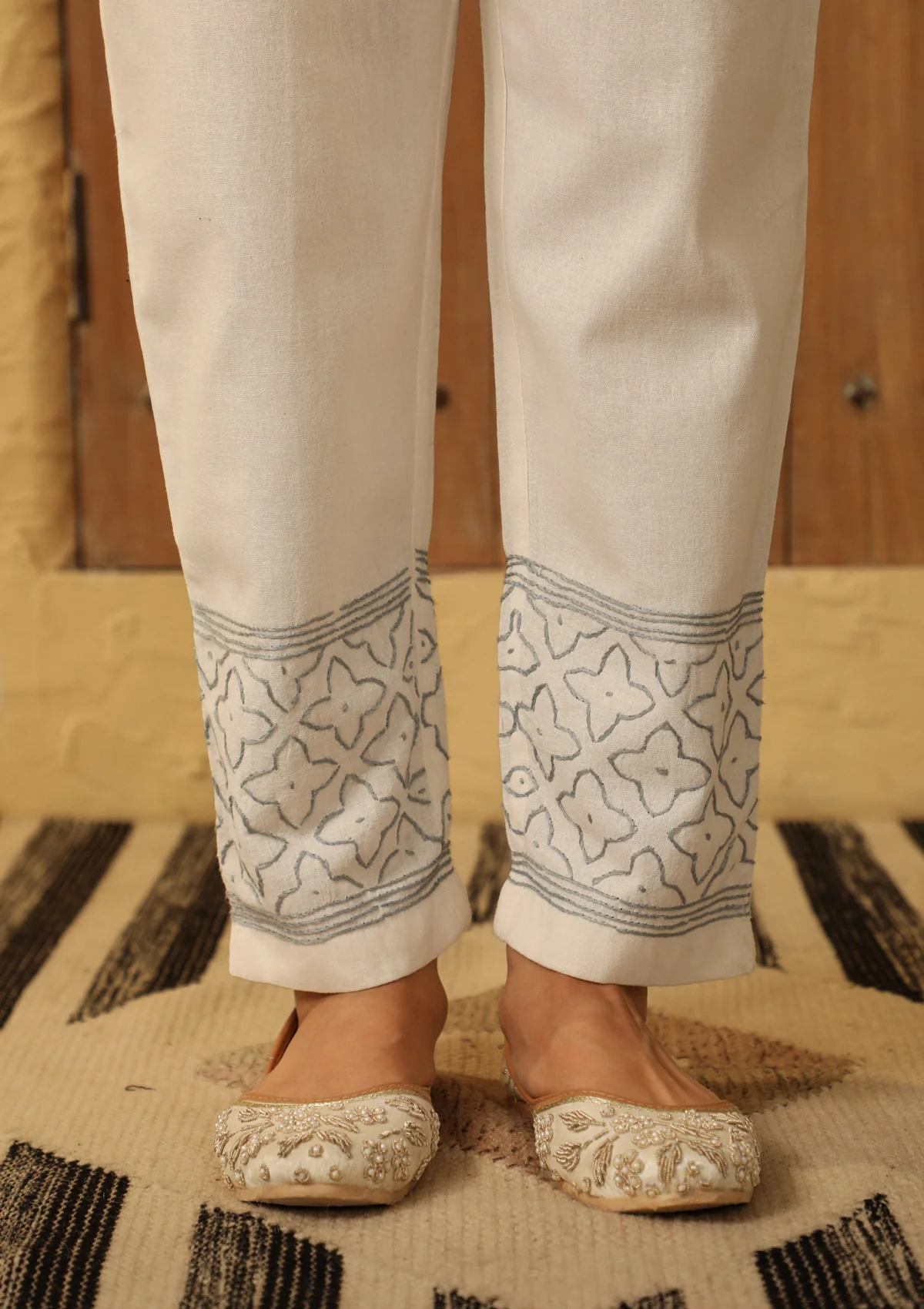 HOC Cotton Loom Embroidered Solid Women's Pants - Off-White - Image 3