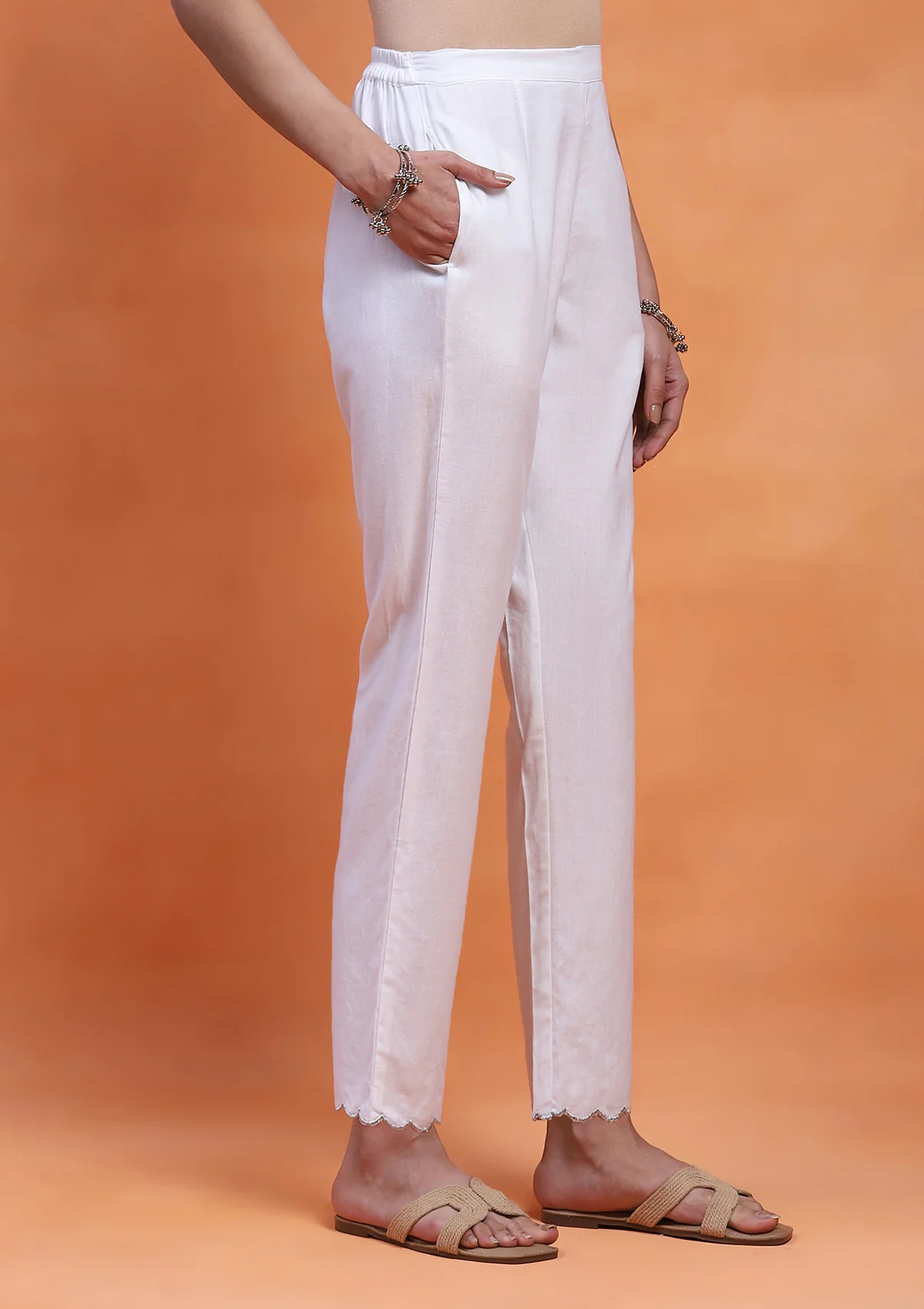 Cotton Scalloped With Silver Zari Solid Women's Pants - White