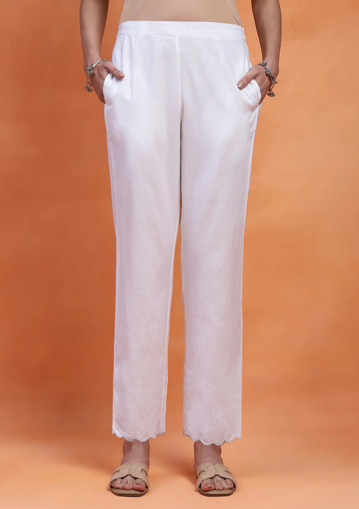 Cotton Scalloped With Silver Zari Solid Women's Pants - White - Image 3