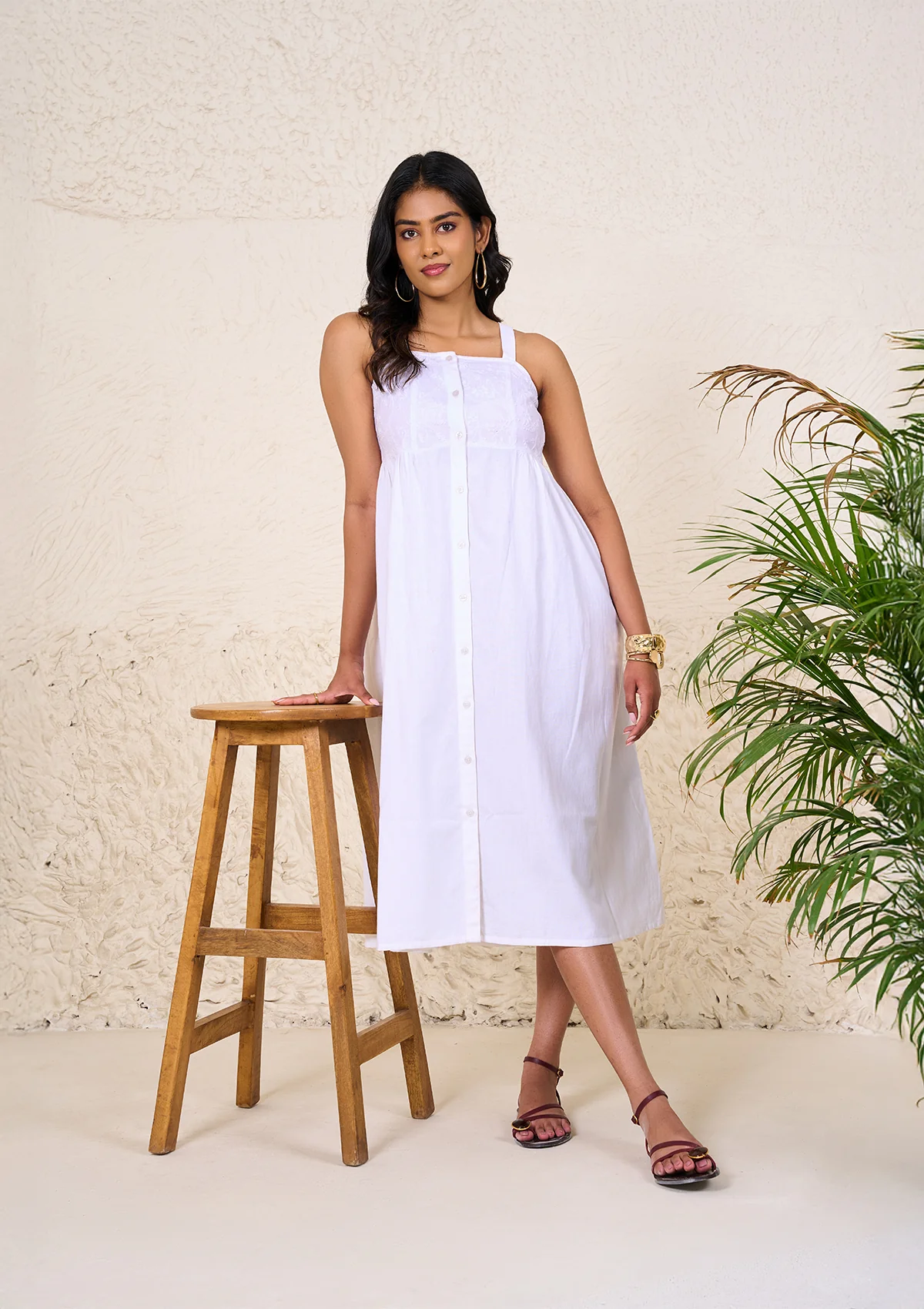 HOC Cotton Slub Chikankari Solid Women's Long Dress - White - Image 3