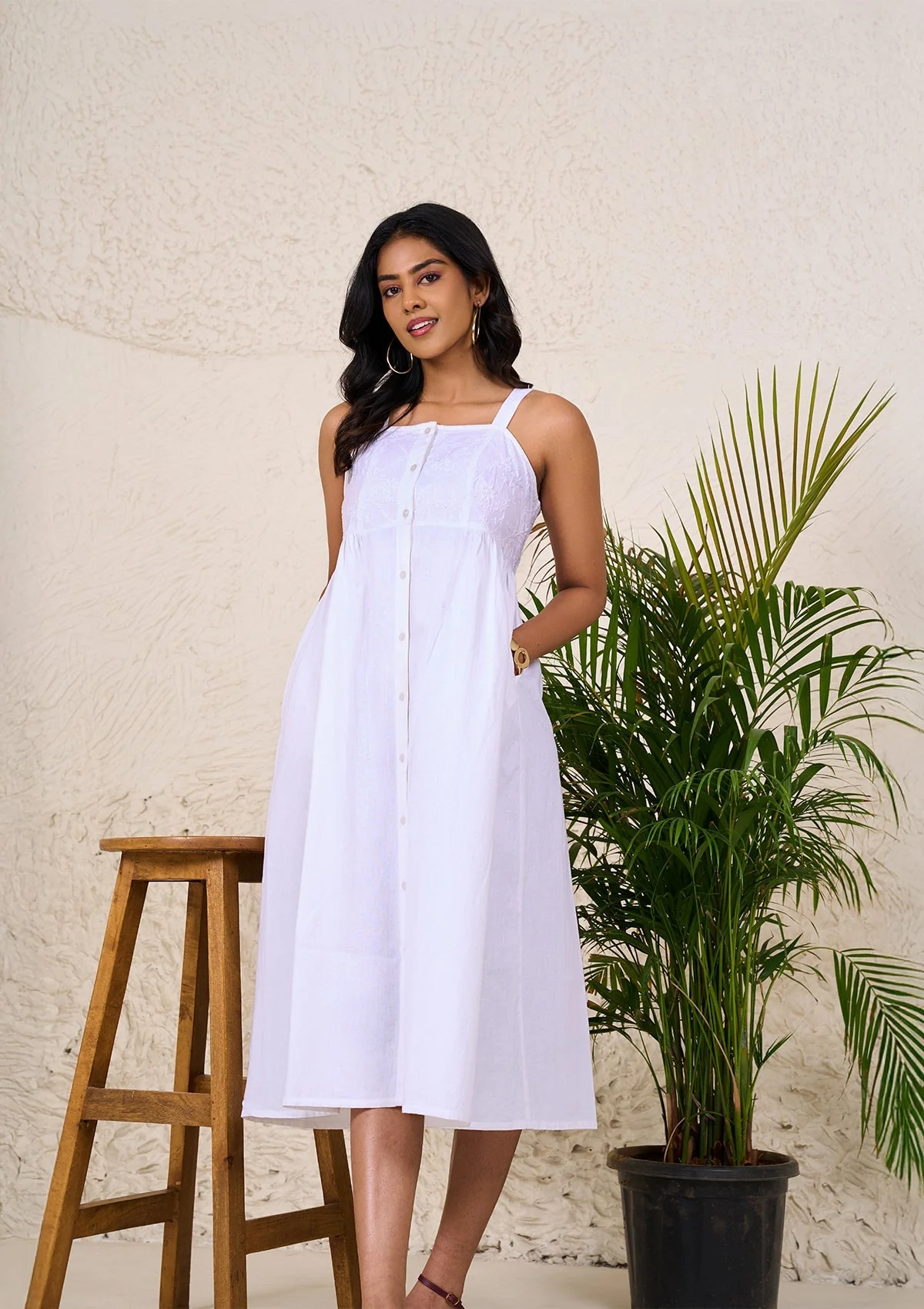 HOC Cotton Slub Chikankari Solid Women's Long Dress - White - Image 5