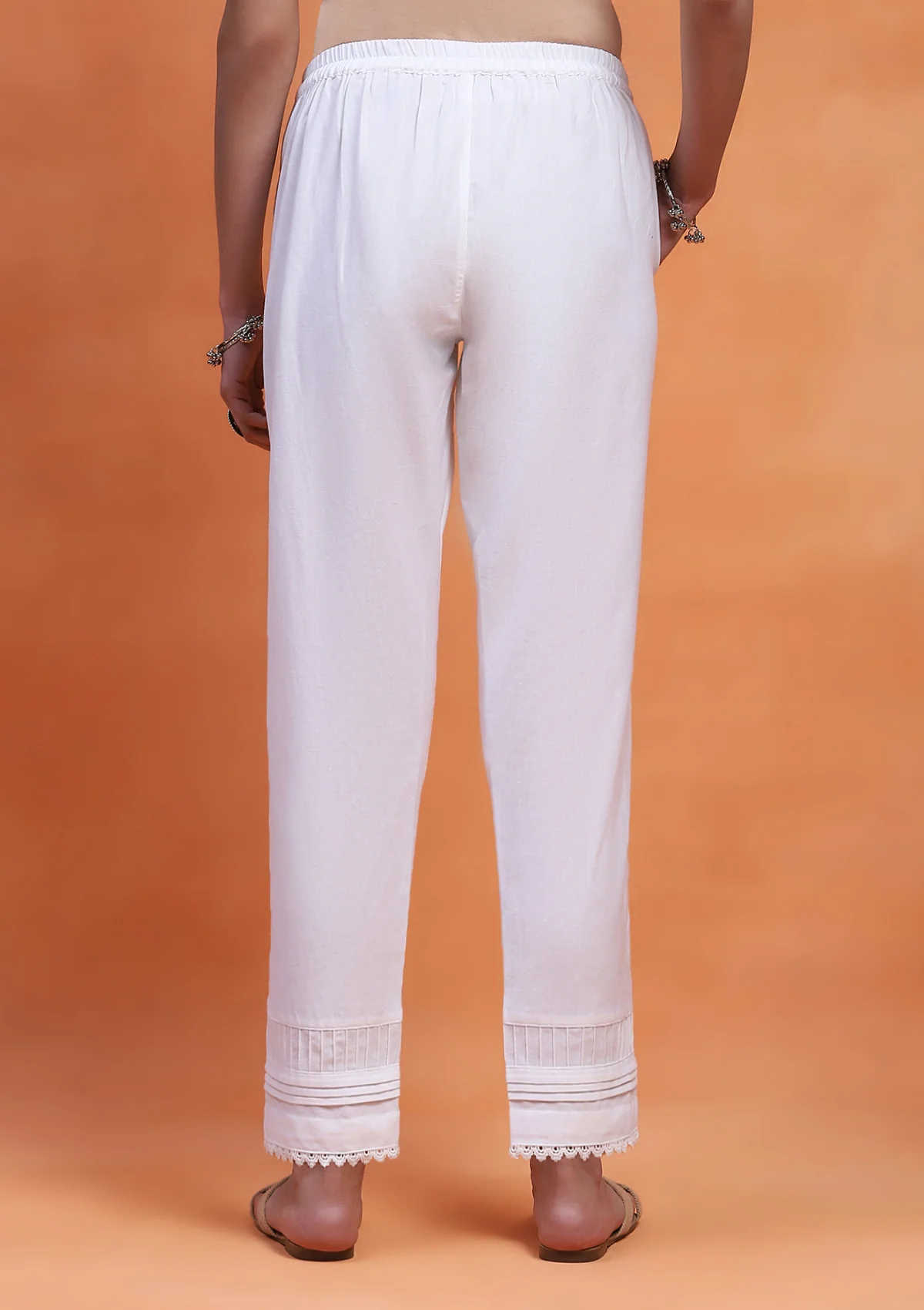 Cotton Loom Solid Women's Pintuck Pants with Lace - White - Image 4