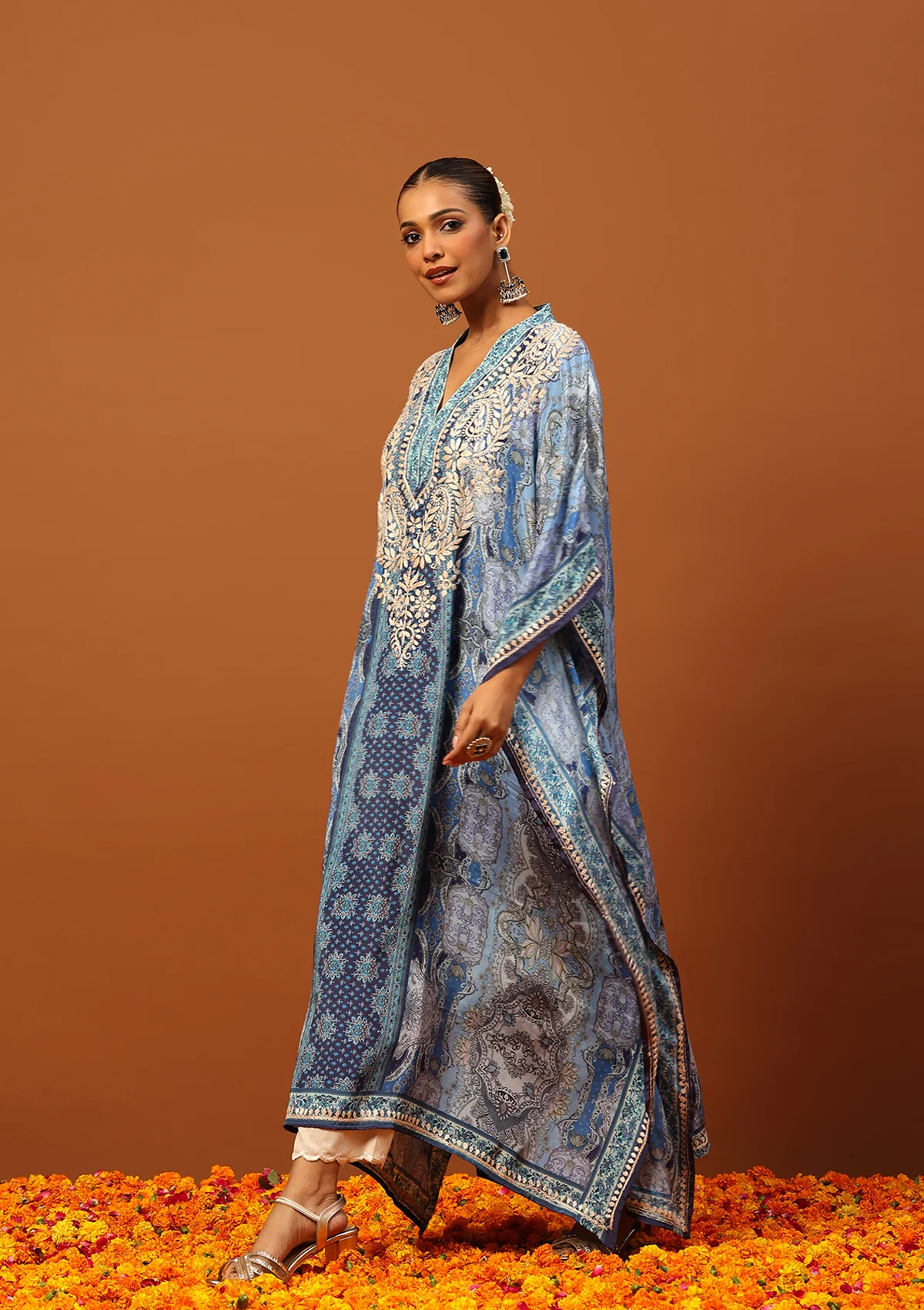 HOC Crepe Chikankari Printed Women's Kaftan -Blue - Image 4