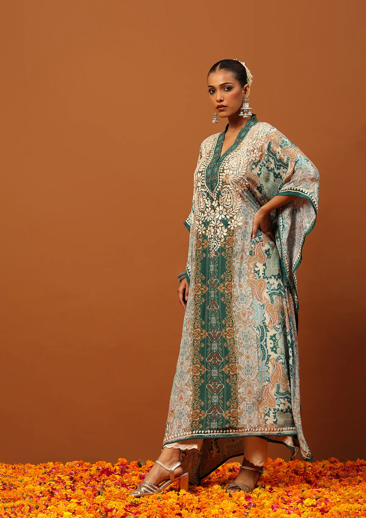 HOC Crepe Chikankari Printed Women's Kaftan -Green - Image 3