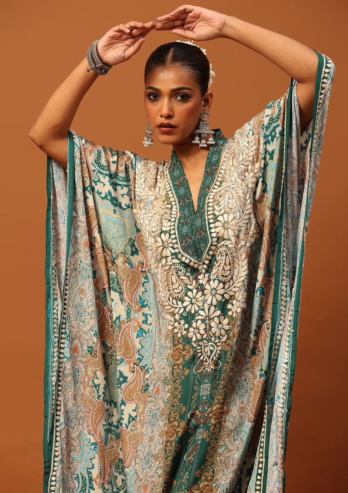 HOC Crepe Chikankari Printed Women's Kaftan -Green - Image 4