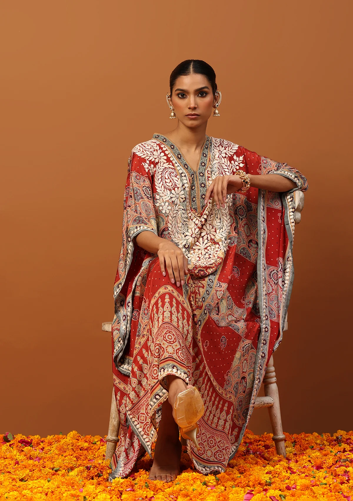 Crepe Chikankari Printed Women's Kaftan -Rust - Image 3