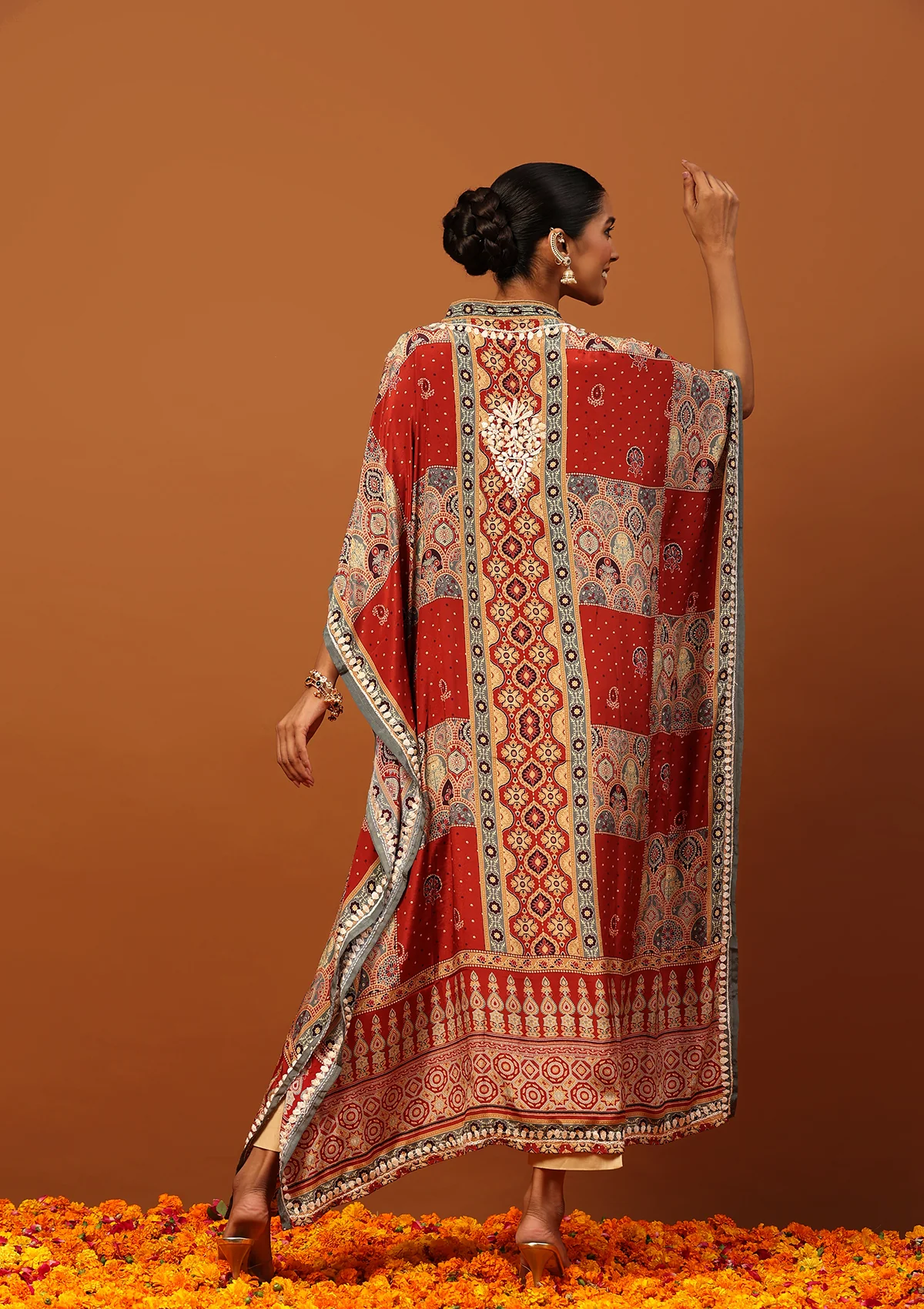 Crepe Chikankari Printed Women's Kaftan -Rust - Image 5