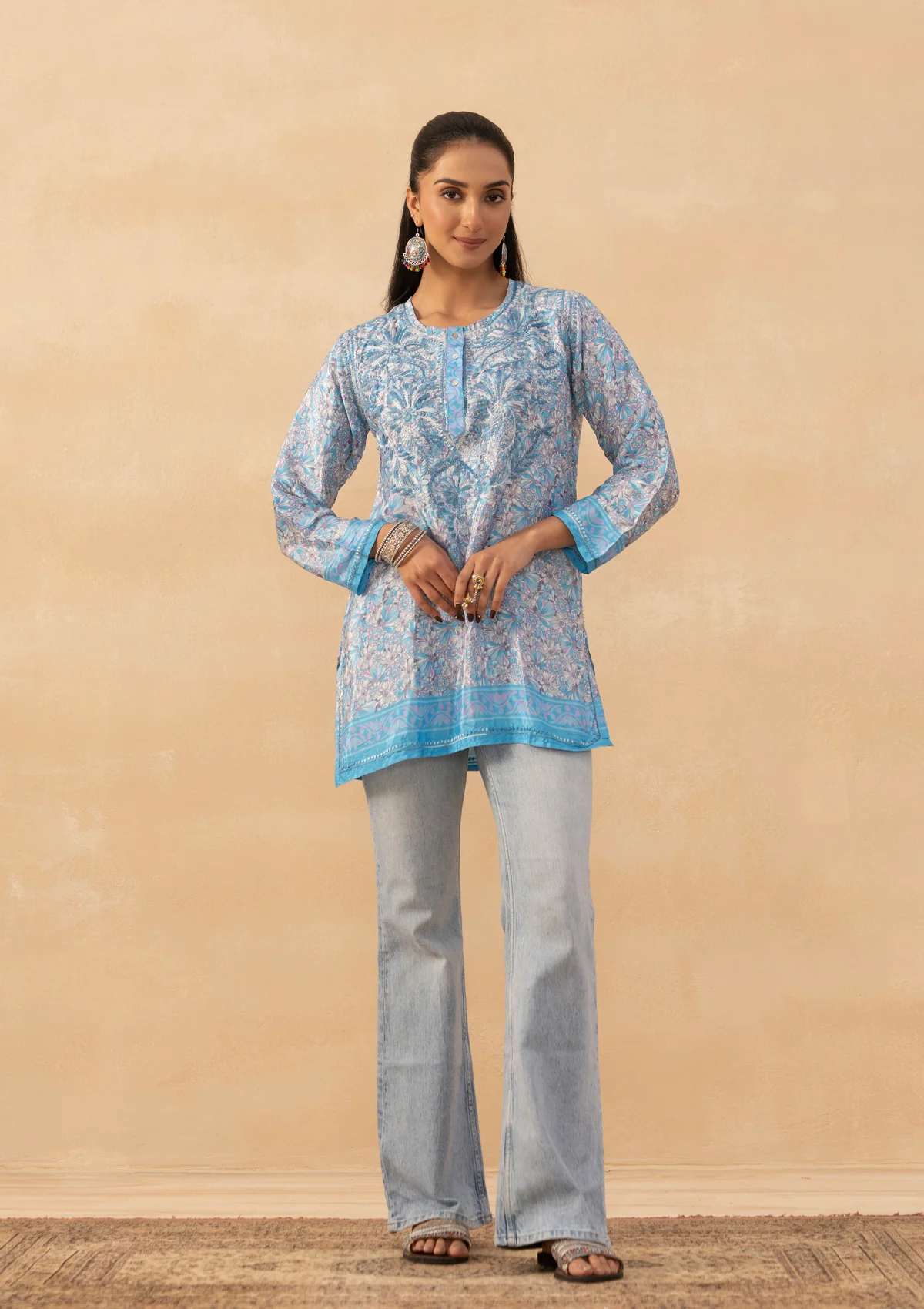 HOC Crepe Chikankari Printed Women's Short Kurta - Sky Blue - Image 3