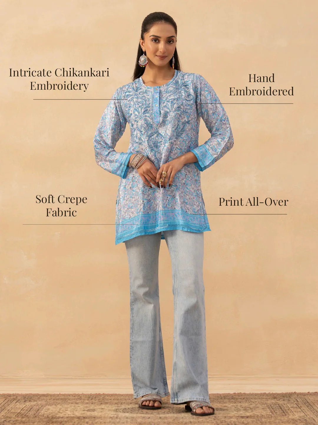 HOC Crepe Chikankari Printed Women's Short Kurta - Sky Blue - Image 7