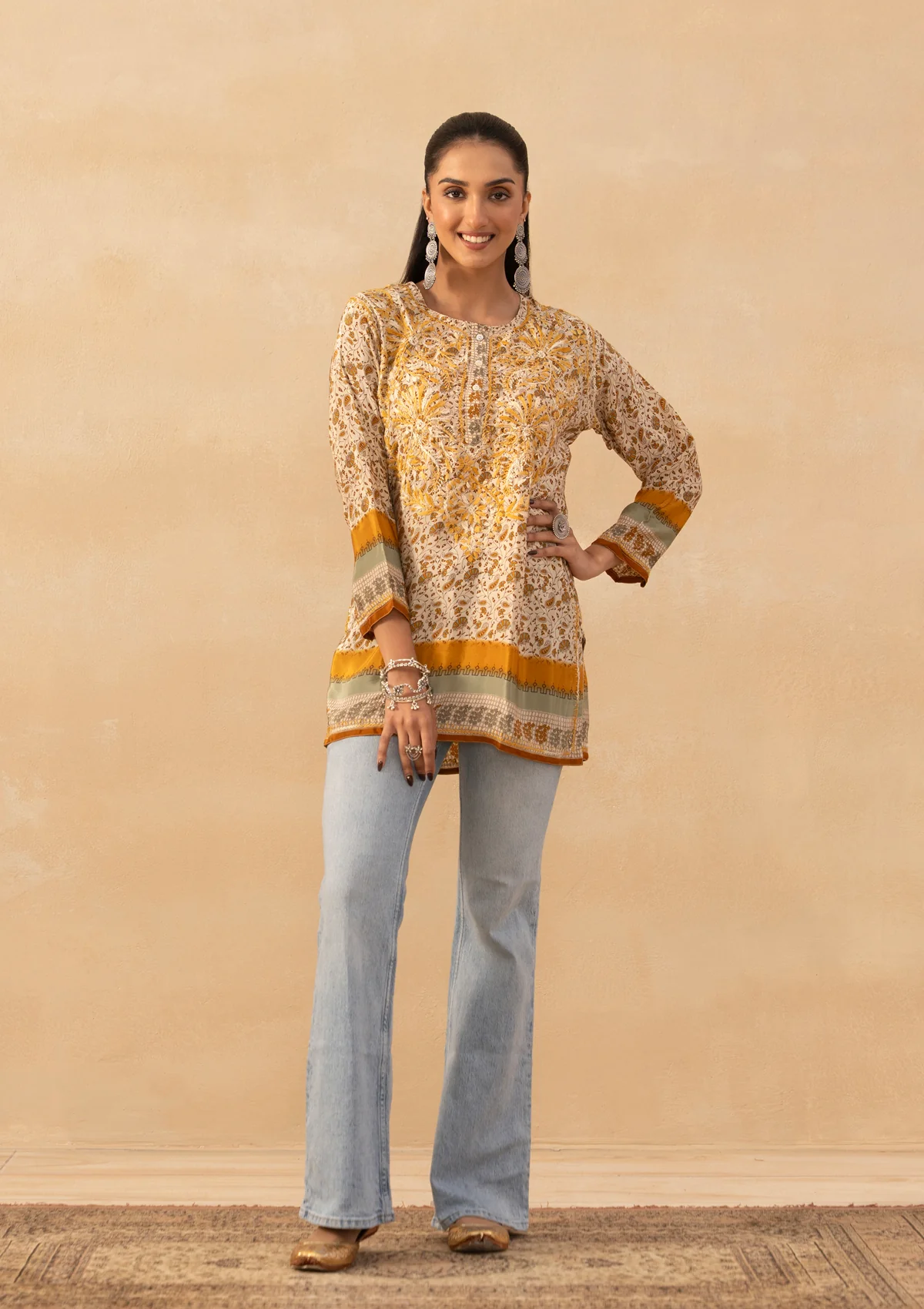 HOC Crepe Chikankari Printed Women's Short Kurta - Yellow - Image 5