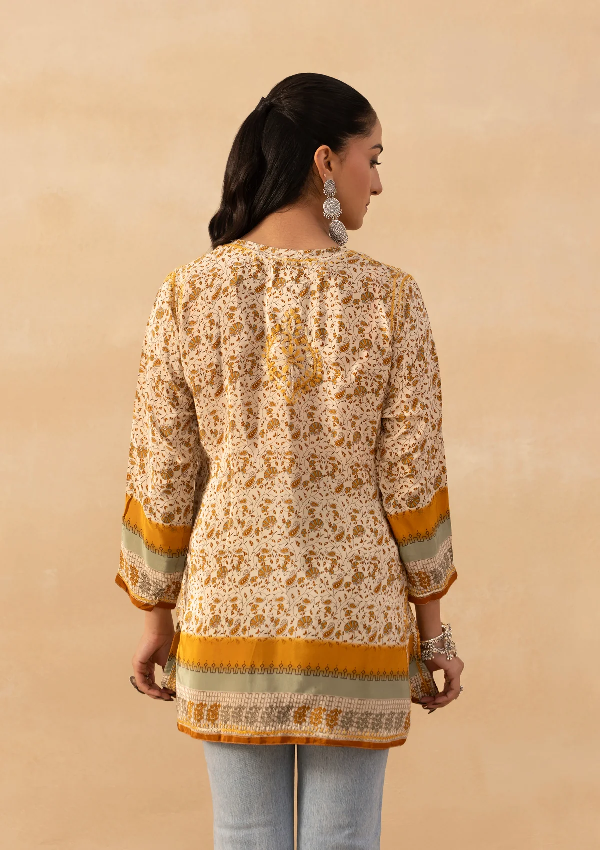 HOC Crepe Chikankari Printed Women's Short Kurta - Yellow - Image 6