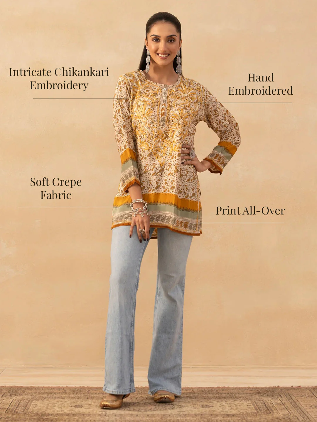 HOC Crepe Chikankari Printed Women's Short Kurta - Yellow - Image 7