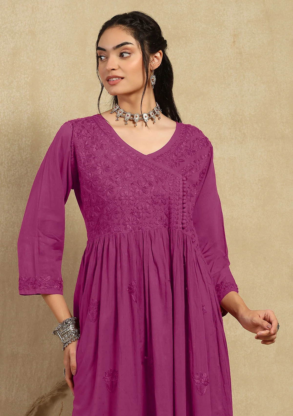 Dobby Cotton Chikankari Solid Women's Angrakha Kurta - Fuchsia - Image 3