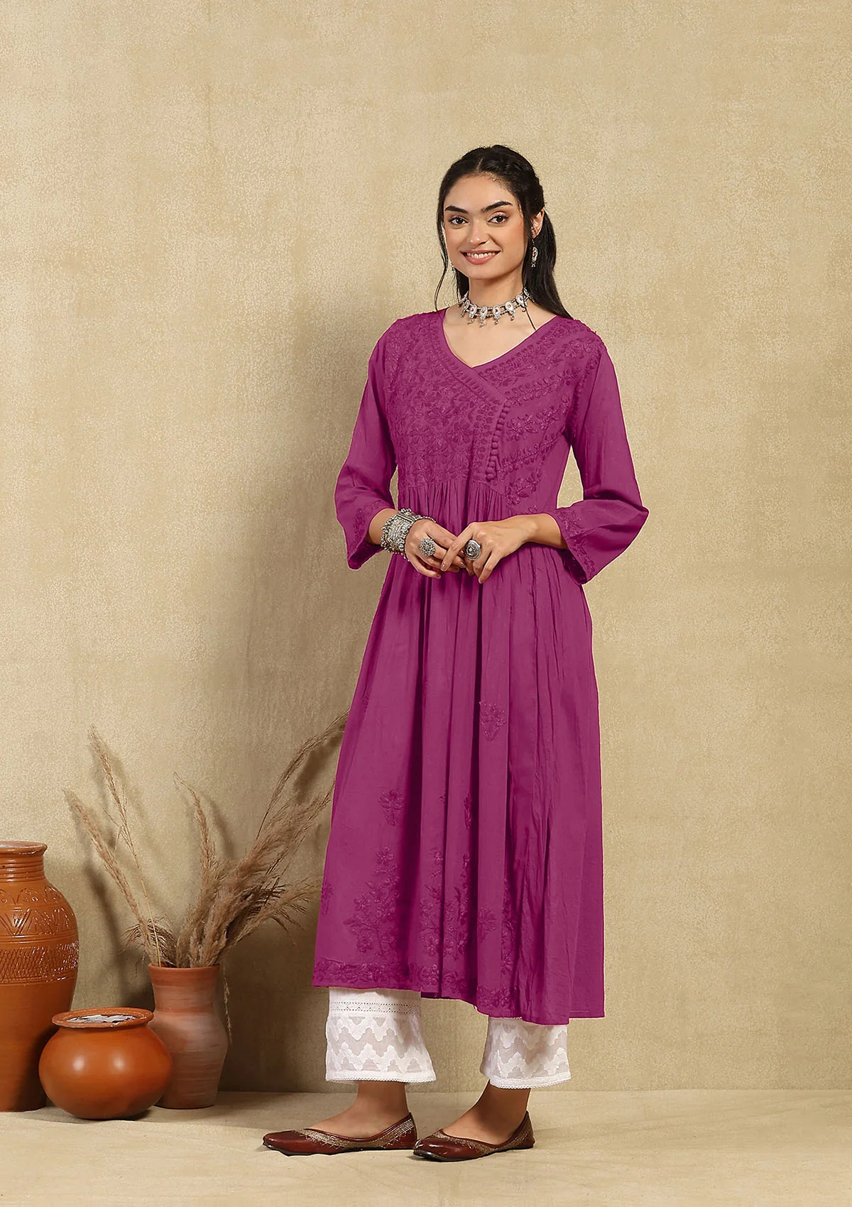 Dobby Cotton Chikankari Solid Women's Angrakha Kurta - Fuchsia - Image 5