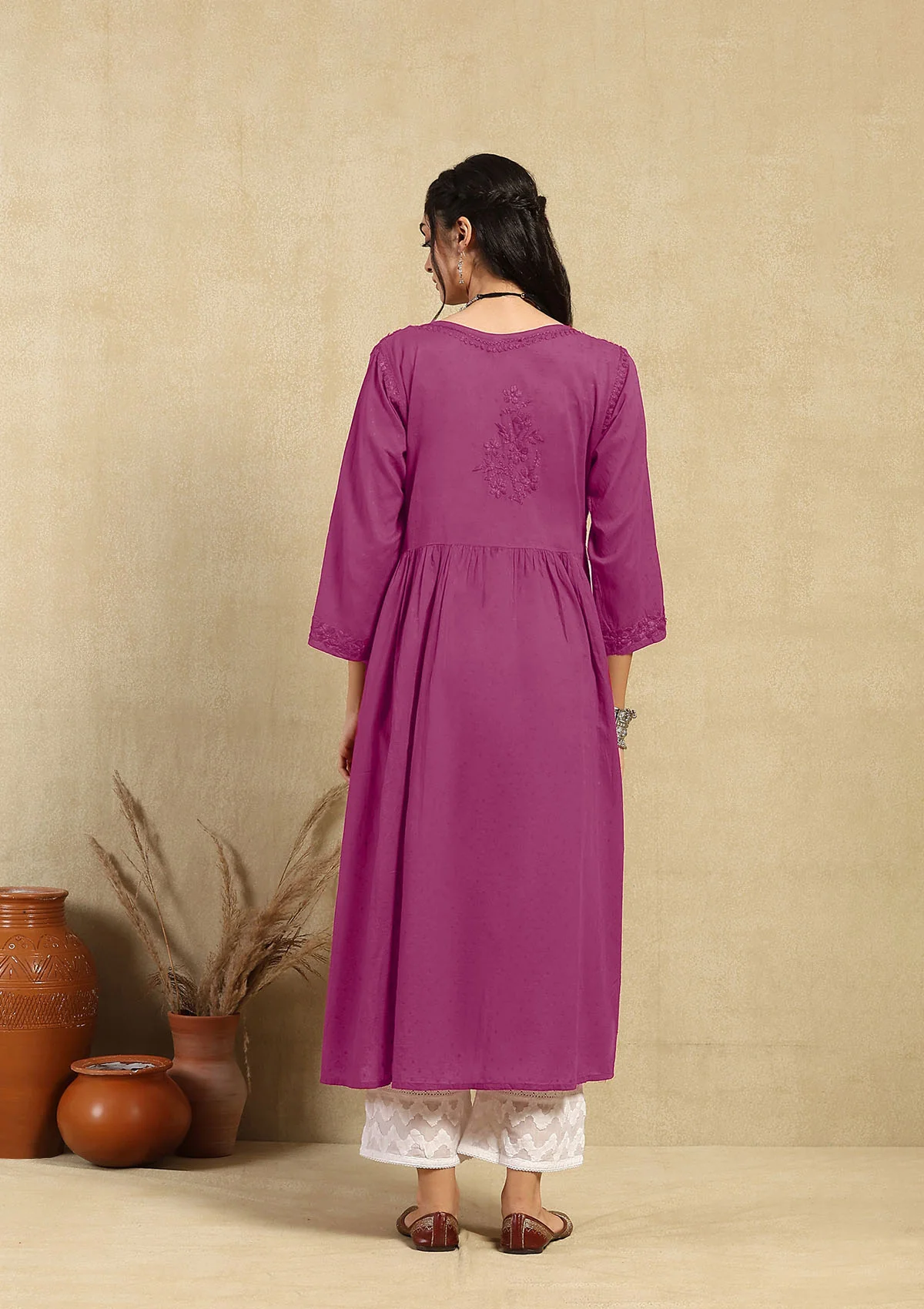 Dobby Cotton Chikankari Solid Women's Angrakha Kurta - Fuchsia - Image 8