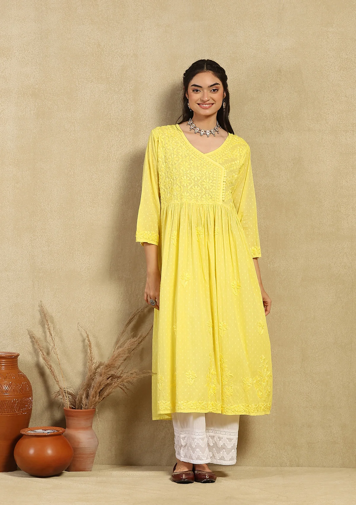 Dobby Cotton Chikankari Solid Women's Angrakha Kurta - Yellow - Image 3