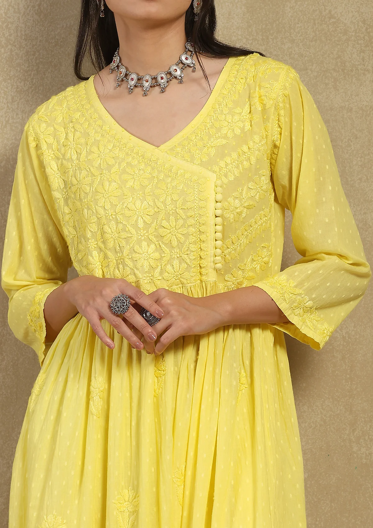 Dobby Cotton Chikankari Solid Women's Angrakha Kurta - Yellow - Image 4