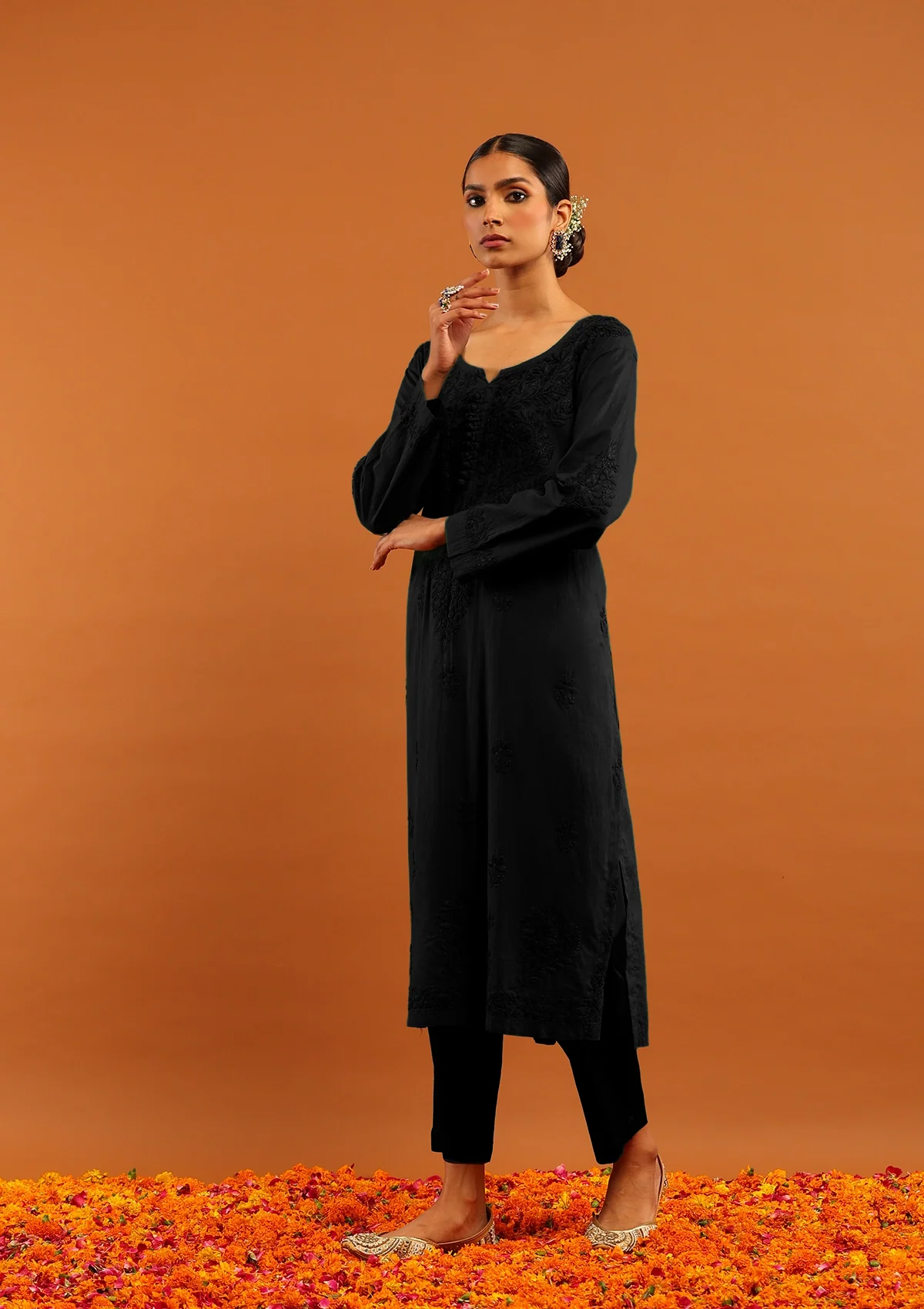 HOC Dobby Cotton Chikankari Solid Women's Long Kurta - Black - Image 3