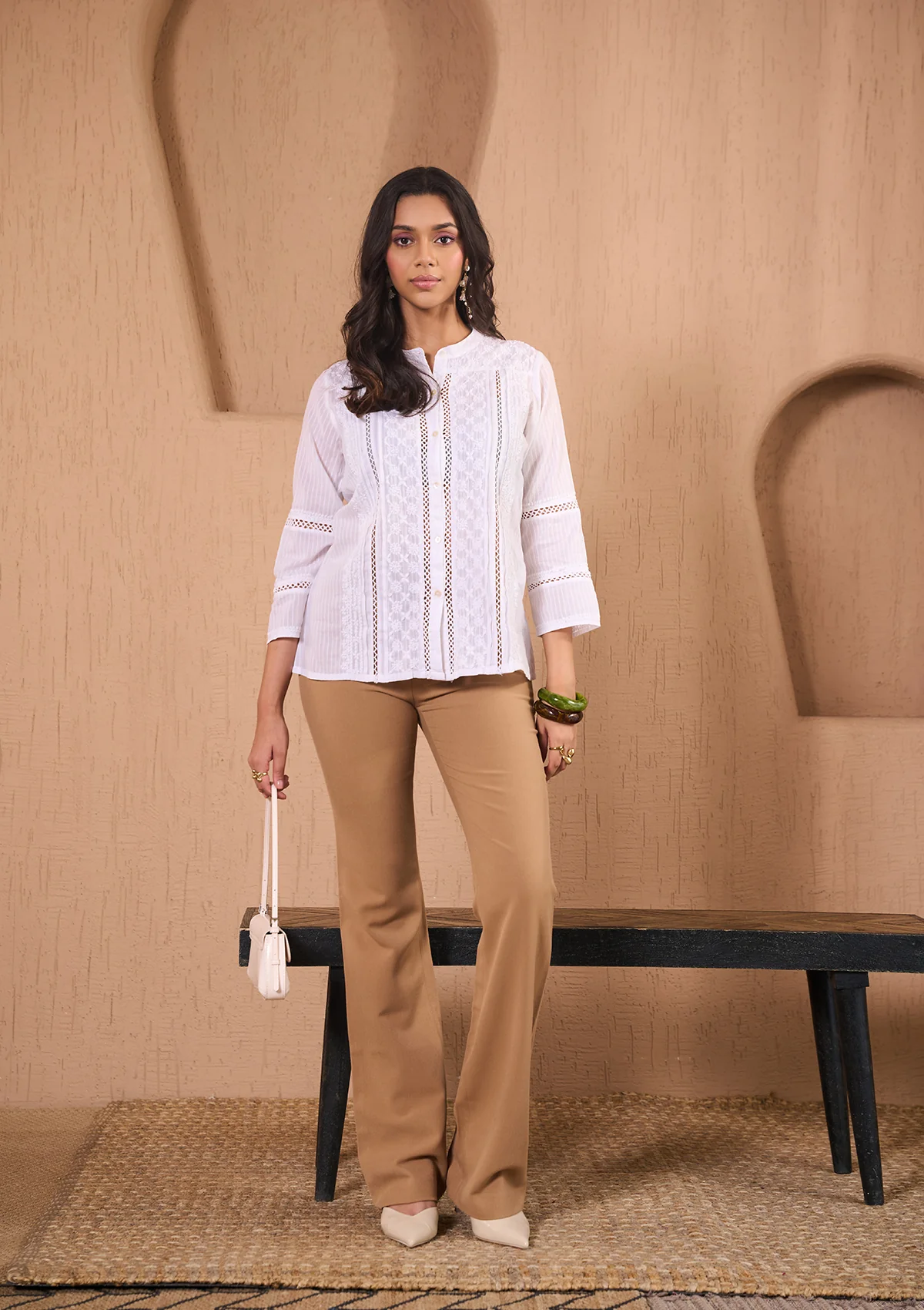 HOC Dobby Cotton Chikankari Solid Women's Shirt With Crochet Lace Work-White - Image 3