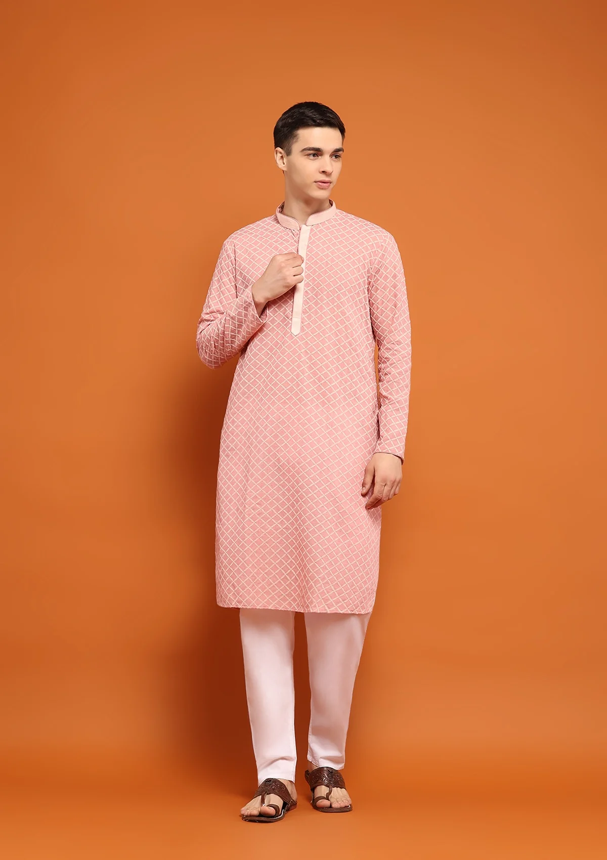 HOC Dobby Textured Solid Men's Long Kurta - Peach
