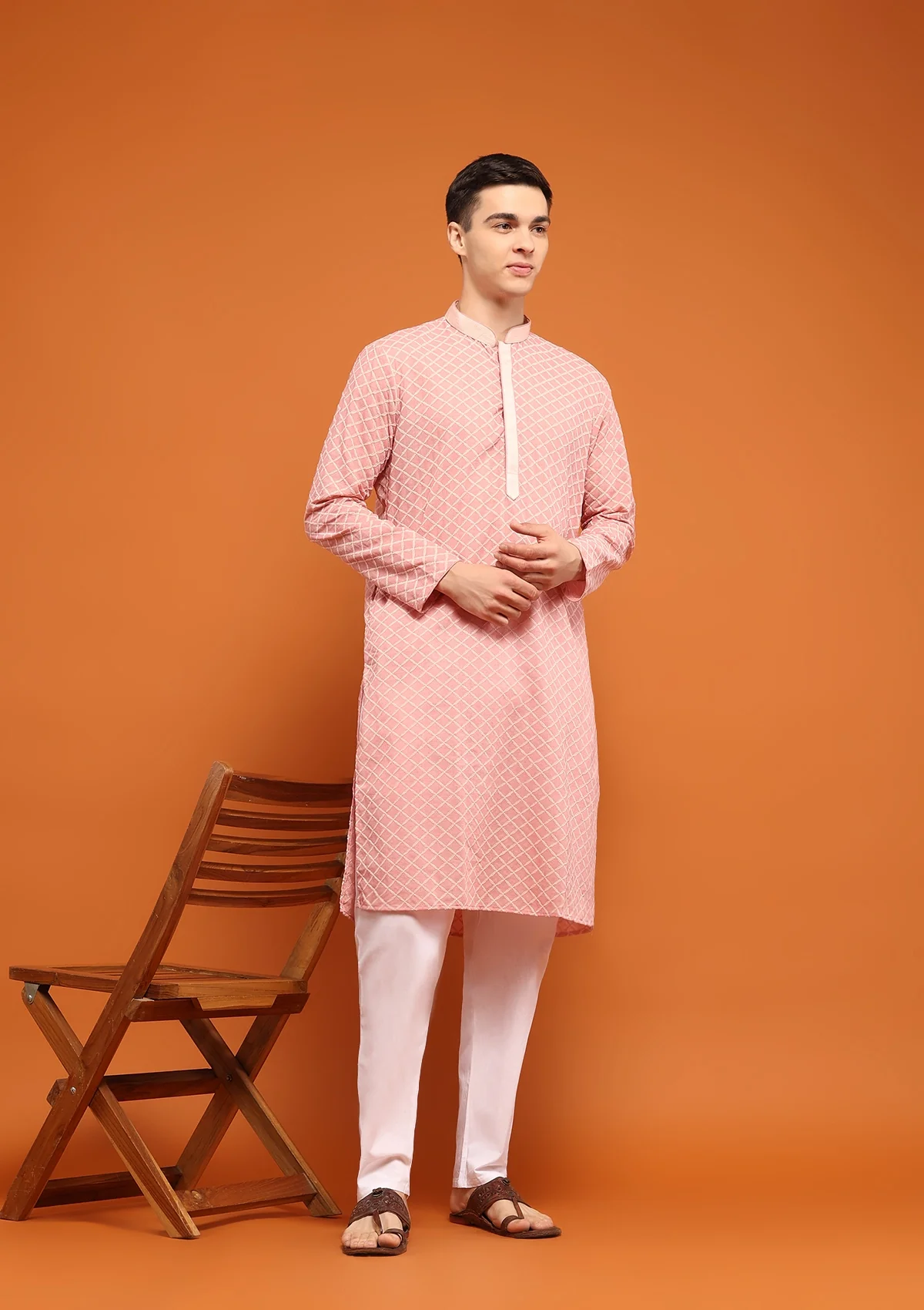 HOC Dobby Textured Solid Men's Long Kurta - Peach - Image 5